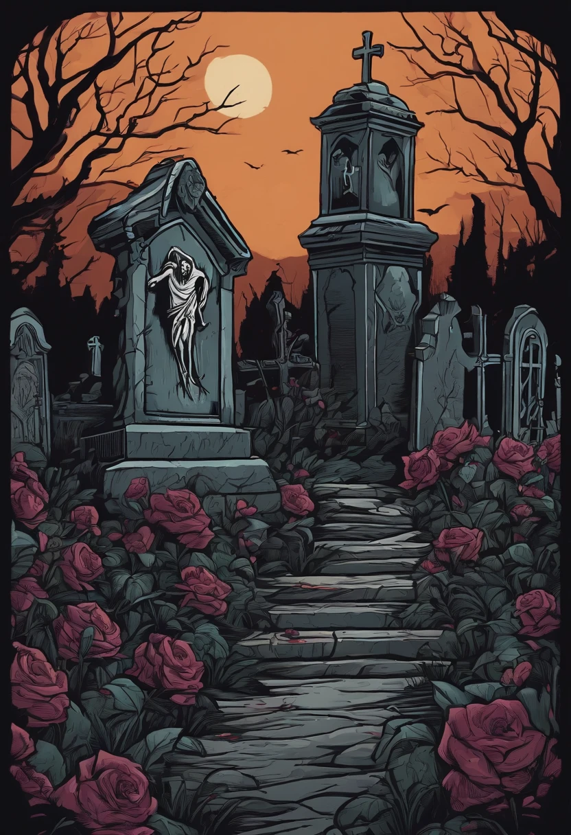 /imagine prompt: zombie graveyard illustration for a sticker with a black background, in bold outline style, jagged edges, trashcore, light shading --v 5.2