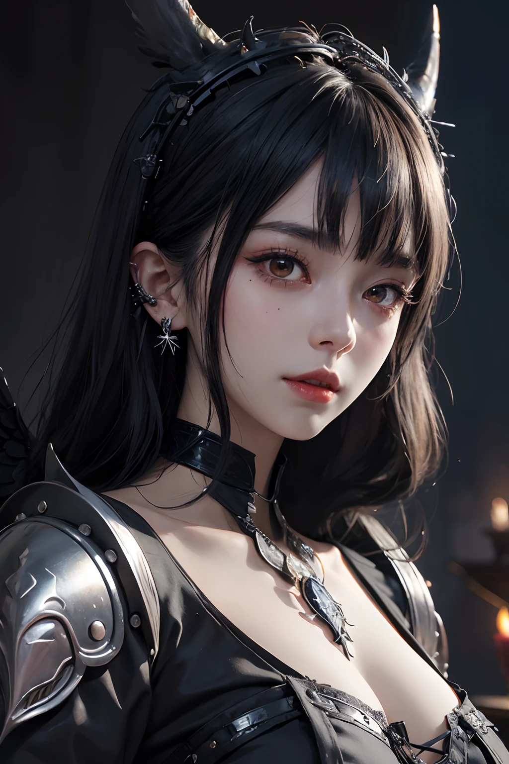1 beautiful devil goddess from hell, In the Dark: 1.6), surreal female portrait by David Hockney and Alphonse Mucha, fantasy art, korea doll, photorealism, dynamic lighting, artstation, poster, volumetric lighting, very detailed faces, perfect CG unity 8K UHD wallpaper portrait, Award winning, in the dark, deep shadow, low key, cowboy lens, (highly detailed battle armor and black angel wings: 1.4), long hair, black hair, bust, luxurious palace, Royal style, devil crown and oni horns, vibrant glowing red eyes make up very sharp and long finely detailed eyelashes, The most beautiful perfect face, huge enormously gigantic tits, cleavage showing, Super realistic, Charming sexy seductive smile, guweiz, devil oni style, tons of tattoos and piercings, the landscape is post apocalyptic overcast and thunderous, (Portrait), Close-up of the main character, (Background details 1.8),