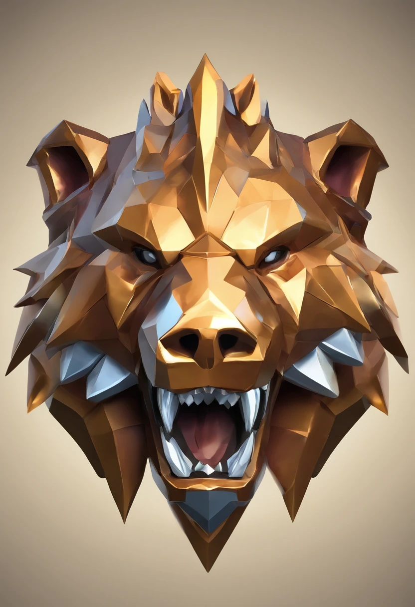 Game medallion with close-up metal bear head with crown,Close-up of dragon head,Estilo de Arte Hearthstone, arte estilo hearthstone, Arte conceitual de Hearthstone, Arte conceitual do jogo Riot, Estilo de League of Legends, iconic character splash art, Coroa de League of Legends,Emblema do jogo,Penas de metal circundantes,Ouro laranja,C4D render,menos detalhes,menos detalhamento,Huge metal bear head in the middle,The head has beautiful gemstones