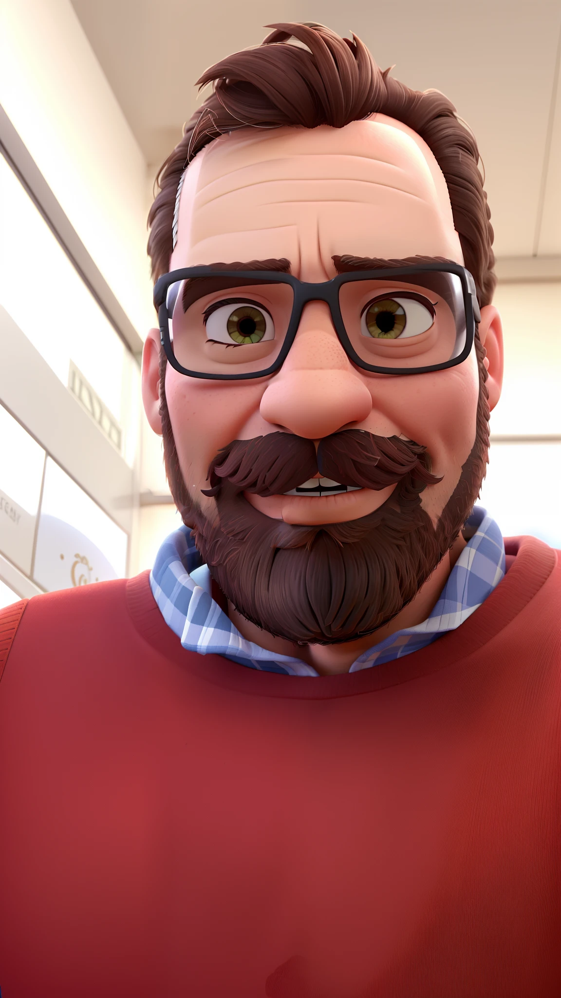 homem moreno claro, 42 anos, olhos castanho esverdeados, cabelo castanho e grisalho com barba castanha e grisalha, Disney Pixar poster style in high resolution