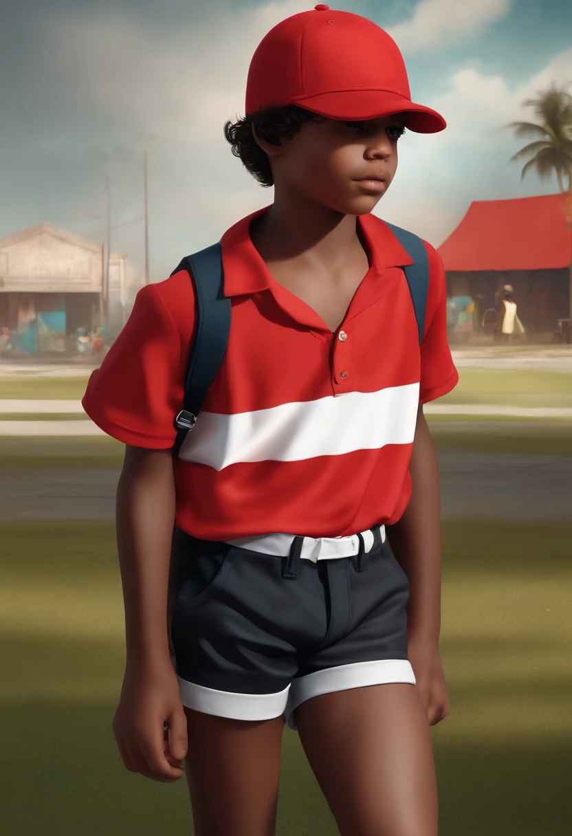 Vibrant 3D illustration of a boy, corpo levemente gordo, cabelo preto curto, pele castanha escura, camisa branca, Red shorts, red hat, usando sapatos