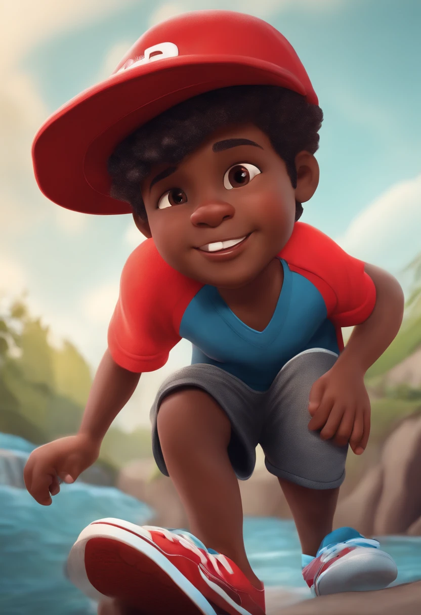 Vibrant 3D illustration of a boy, corpo levemente gordo, cabelo preto curto, pele castanha escura, camisa branca, Red shorts, red hat, usando sapatos