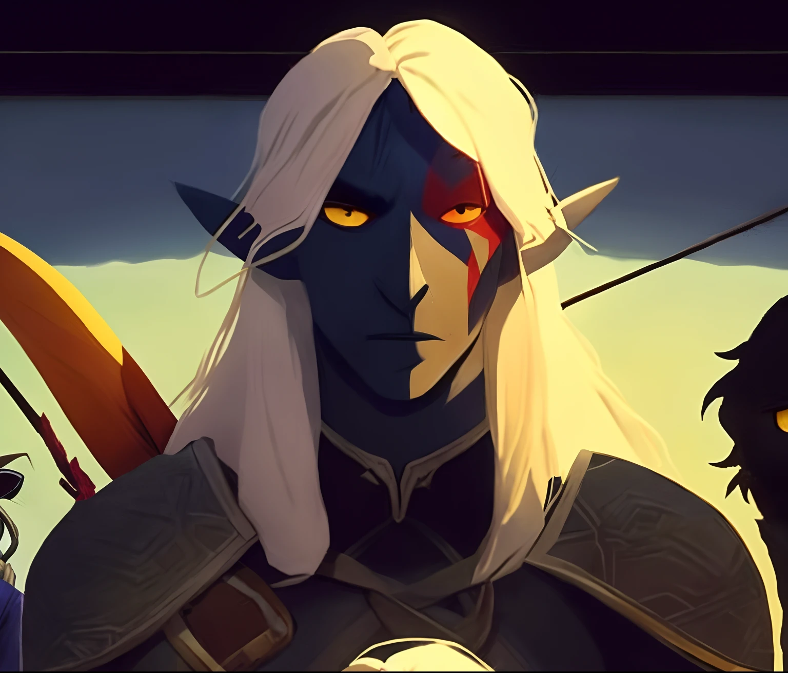 Prompt -> Pixar-Inspired movie poster with title “(Sigri: returning home)”.“(gray-skinned dark elf with scars on his face holding a bow, archer, a pet black panther)”The scene should be in the distinct digital art style of pixar, with a focus on character expressions, vibrant colors, and detailed textures that are