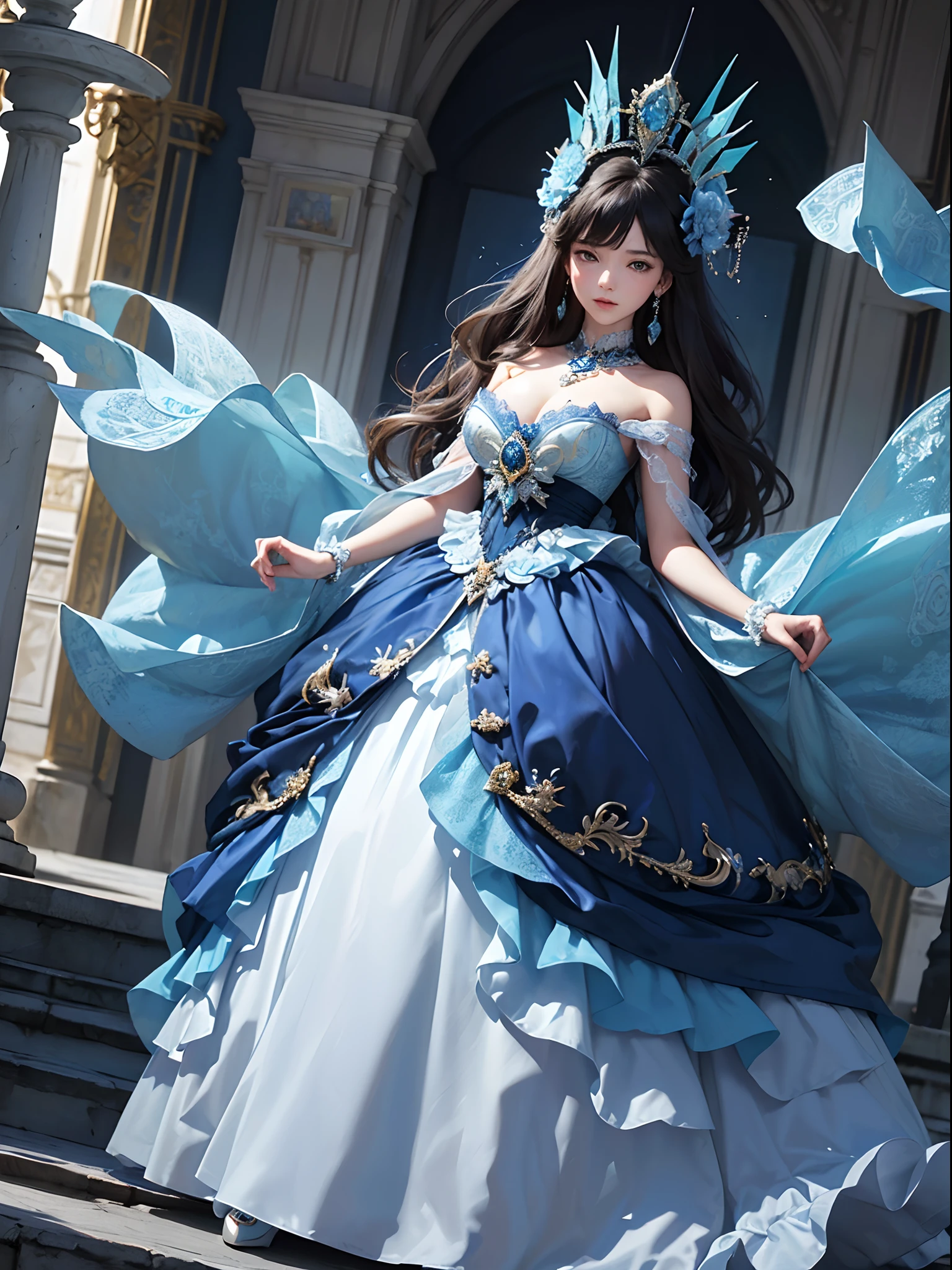 Blue and white tones、Vibrant colors、((​masterpiece)))、(((top-quality)))、((ultra-detailliert))、(A hyper-realistic)、(highly detailed CGillustration）、Official art、Venice at the beginning of the 20th century、Decadent、Madame Papillon、Masquerade、Elegance、Masks that cover most of the face、Colorful and detailed mask design、matchless beauty、Fans、gorgeous dress、jewely、Perfect Angle、perfect-composition、looking left、full body Esbian