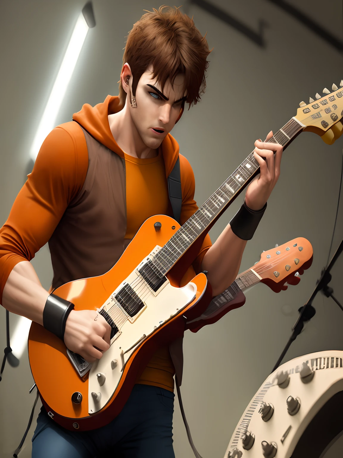 Generic superhero in uniform, including mask in brown and orange playing guitar in a stadium full of fans. Melhor qualidade super realista