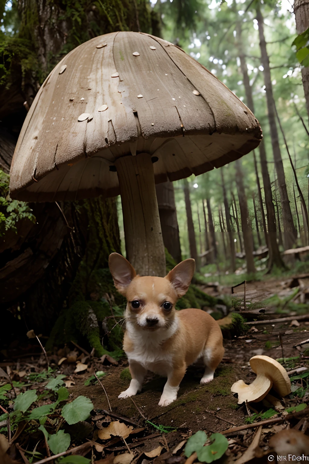 Chihuahua under mushroom in the forest