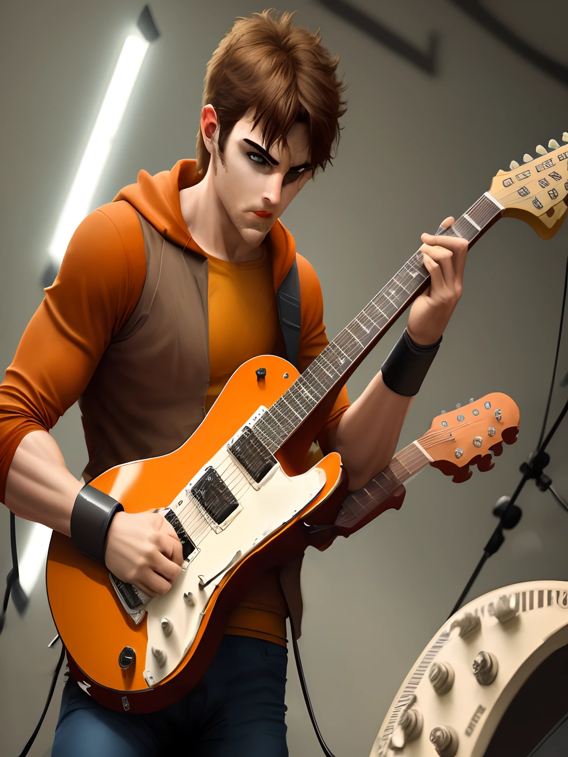 Generic superhero in uniform, including mask in brown and orange playing guitar in a stadium full of fans. Melhor qualidade super realista