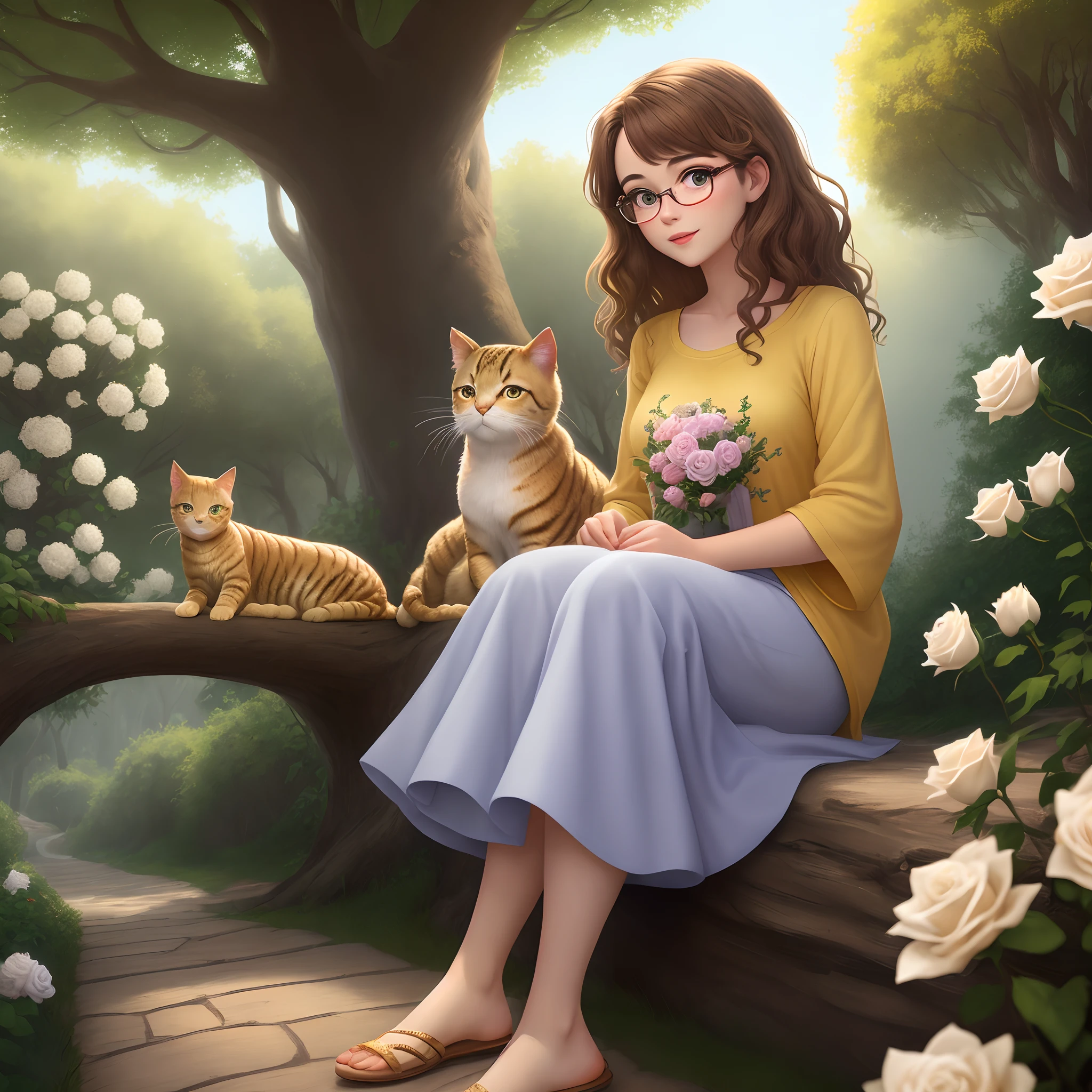 Create a Disney Pixar-style image of an artisan with gold cat-like glasses, Light brunette foot, Medium length wavy and brown hair, com uma blusa amarela, ao fundo um jardim com lavanda, girassol, And white roses with tree and a path