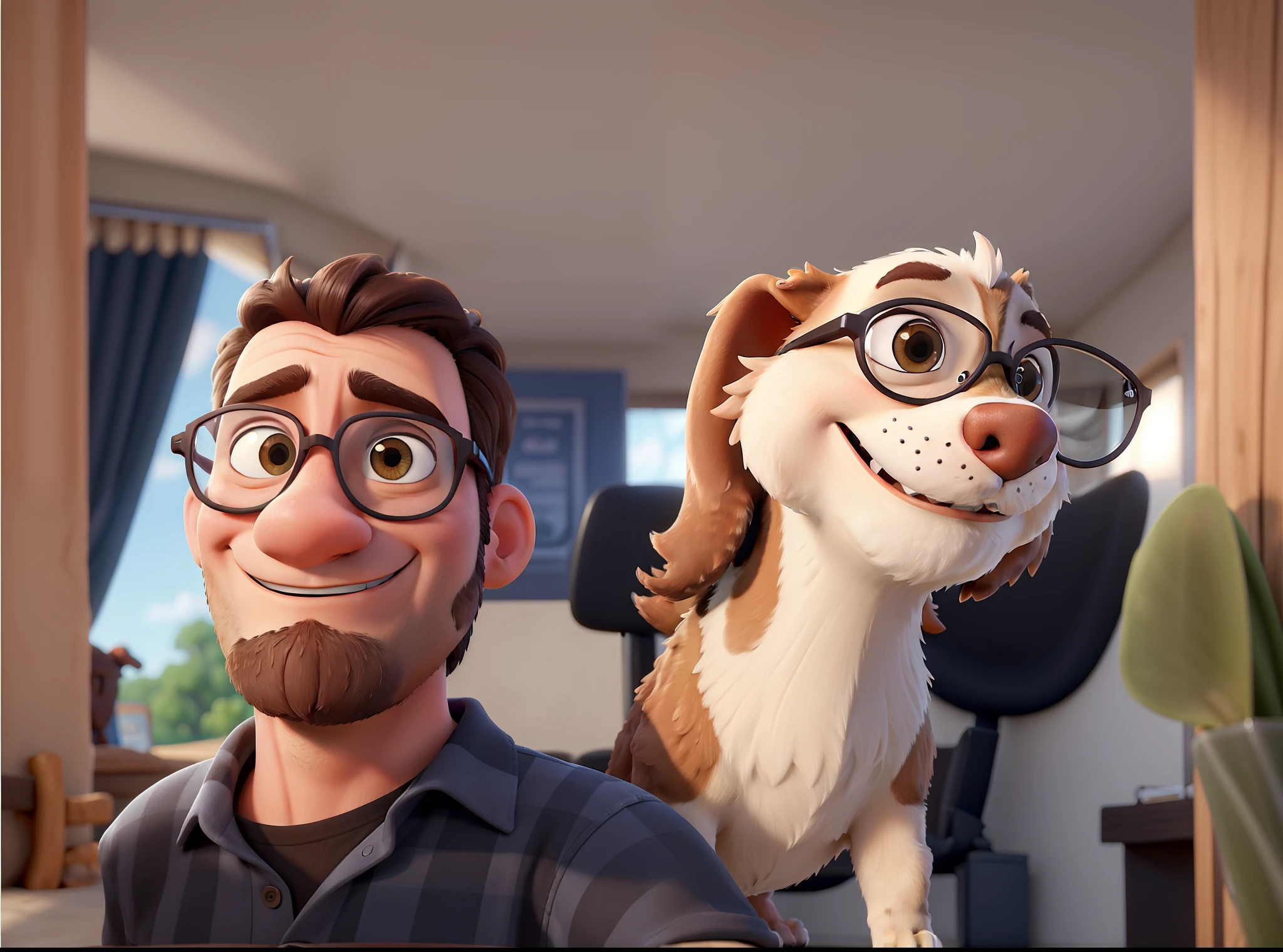 Obra-prima, de melhor qualidade, estilo desenho pixar, um jovem com oculos escuros e que tem barba, com seu cachorro vira lata dando uma volta
