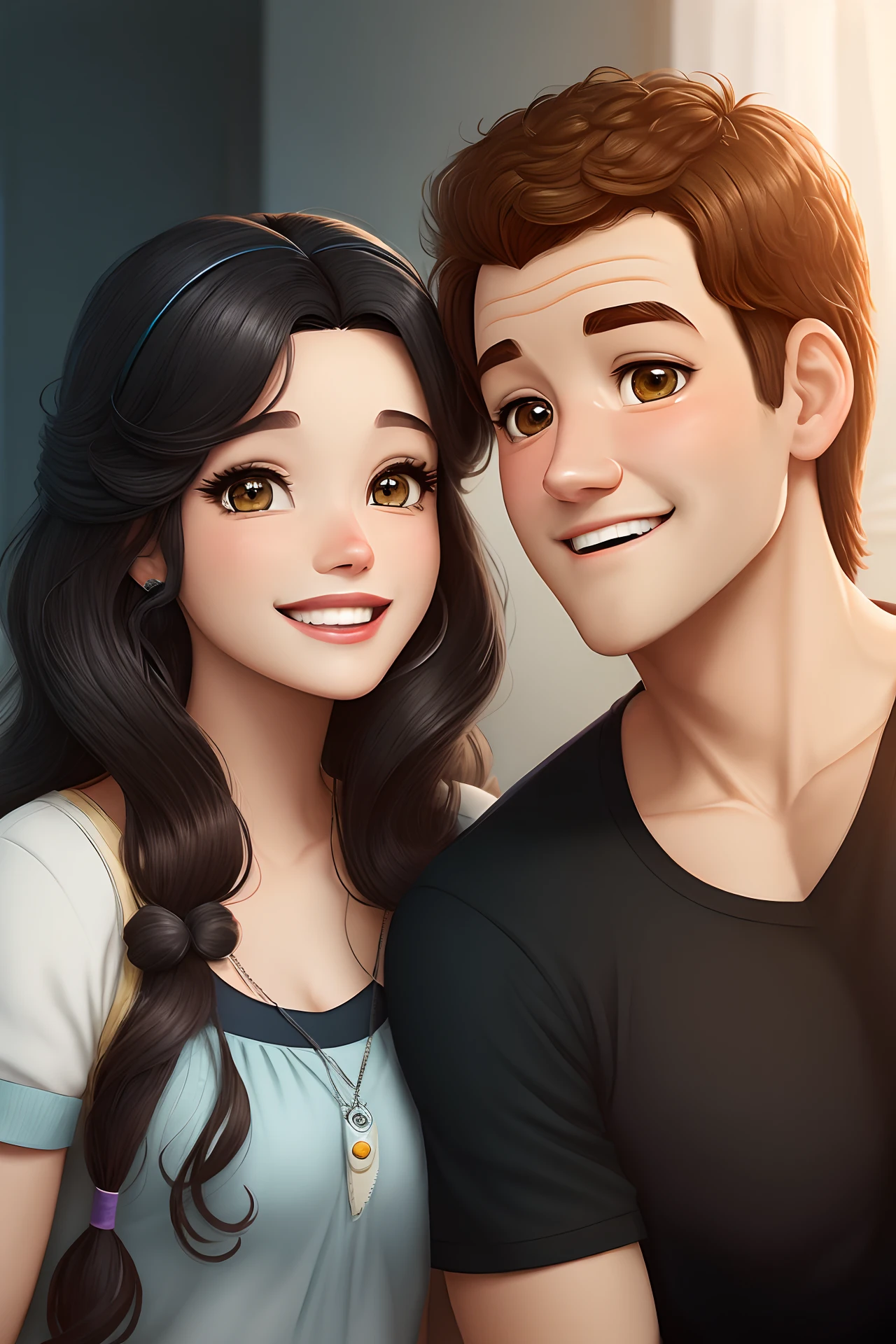 Uma imagem estilo Pixar de um casal sorrindo. Mulher branca cabelo curto e liso, olhos castanhos. Homem pardo cabelo preto.