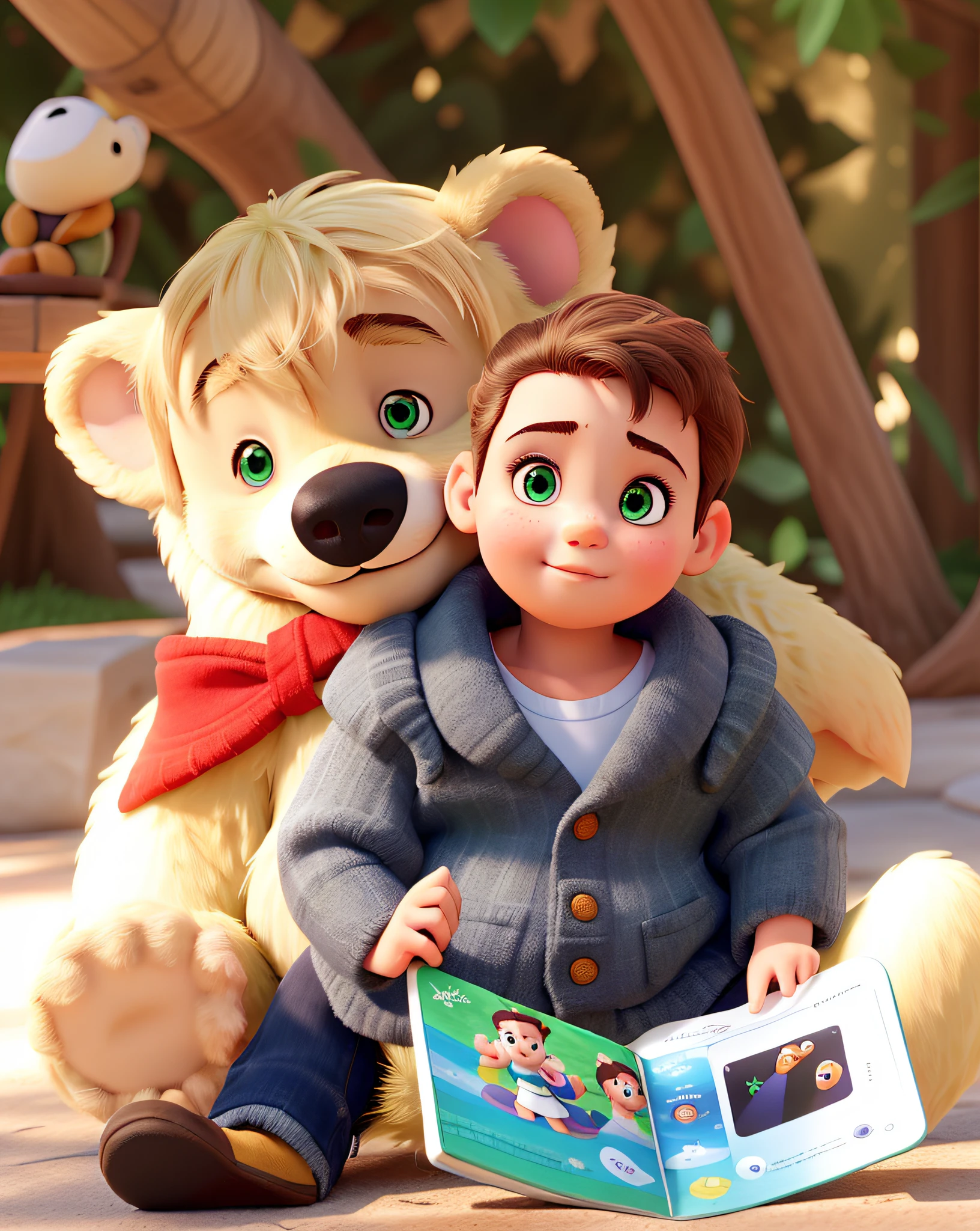 A with green eyes, cabelo castanho claro, A bear behind holding a Disney Pixar style book, alta qualidade, melhor qualidade