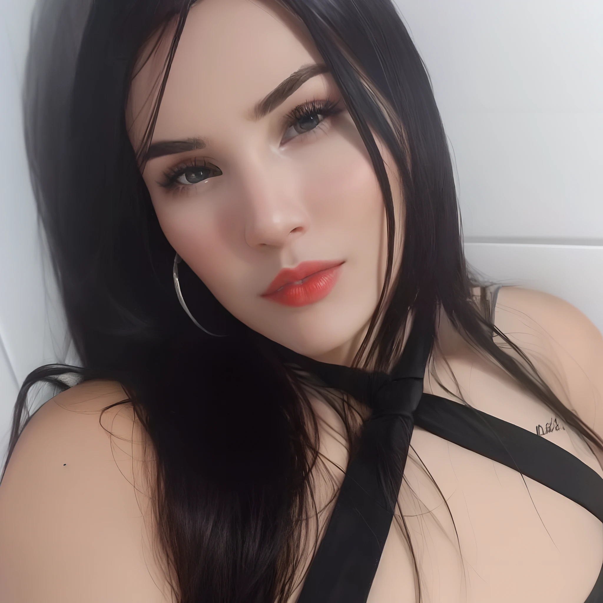Mulher gorda de cabelo preto e olhos castanhos realista bem detalhada