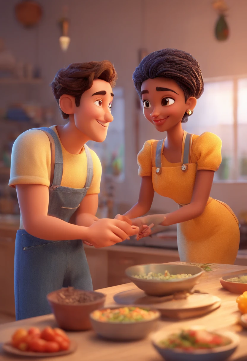 An illustration of an adorable couple, destacando um homem e uma mulher com bonito, Expressive eyes - the man's skin is white and the man's hair is straight and black, while the woman's skin is black and the woman's hair is straight and brown. They are a bright room, cada um com um sorarroz no rosto, e compartilhar um momento especial caracterizado pelo amor, arroz, e insights educacionais. Illustrate this scene from a perspective where they are facing away from the camera, Showing Your Connection. Desenvolva esta arte em Full HD, Focus on your cinematic touch, Estilo Disney Pixar Animations