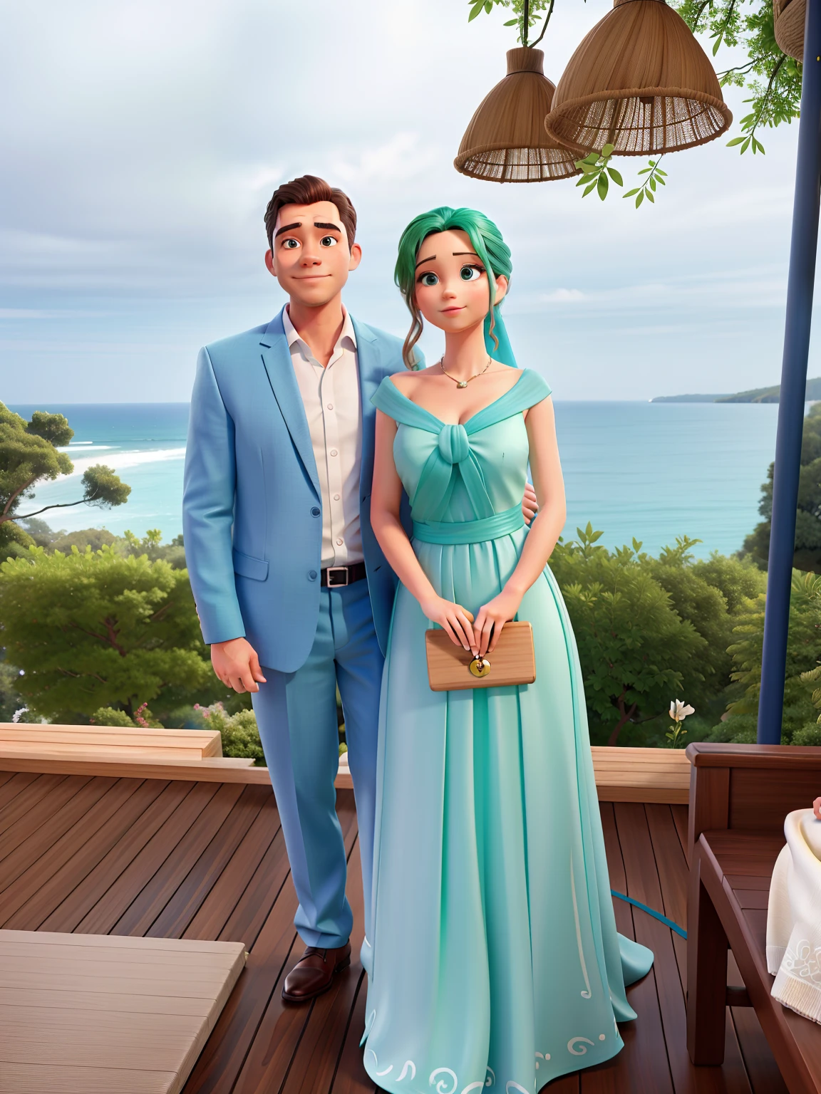 There are two people standing on a deck near the water, com montanhas ao fundo, terno cinza e gravata azul , Green dress with a tree in the background, foto do casamento, com montanhas no fundo, O oceano ao fundo, casal elegante