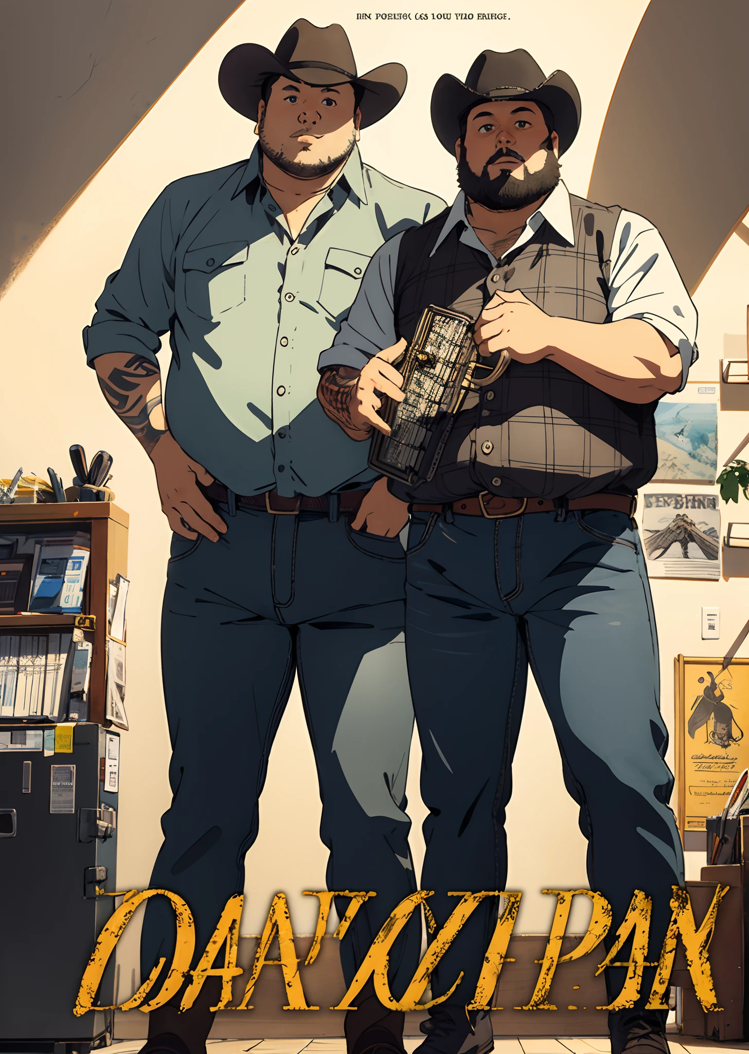 Five Pixar-style country musician characters, masculinos: One is adult brunette half indian chubby shaved hair ,camisa xadrez manga curta, jeans and boots. Another is fat with an accordion, cabelo de topete e barba curta.The other is a black man, 45 years with braces on his teeth and spiky hair. A tall strong chubby tattooed man in cowboy hat and plaid shirt. Um magro moreno estilo mameluco e cabelo curto. All Standing in One Poster Style Photo.