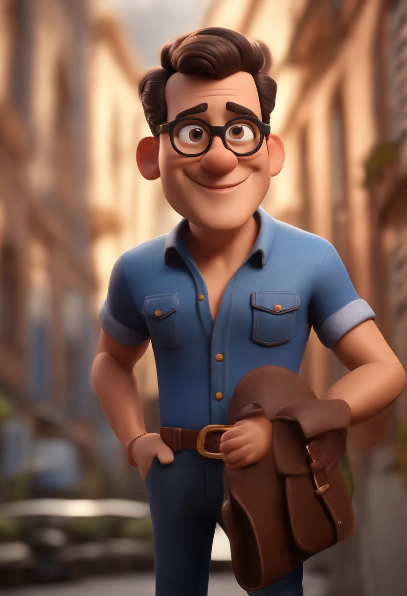 Cartoon character of a man with black glasses, cabelo cacheado marrom escuro e uma camisa azul, animation character, Caractere estilizado, animation style rendering, 3D estilizado, Arnold Maya render, 3 d render stylized, toon render keyshot, Personagem 3D, Personagem 3D, 3d rendering stylized, 3 d character render, personagem de desenho animado, Personagem de close up, Pose de personagem,  (Estilo Pixar) (master part:1.2) (Bokeh) (best quality) (pele detalhada) (textura detalhada) (8k) (argila) (Cinematic lighting) (foco nítido