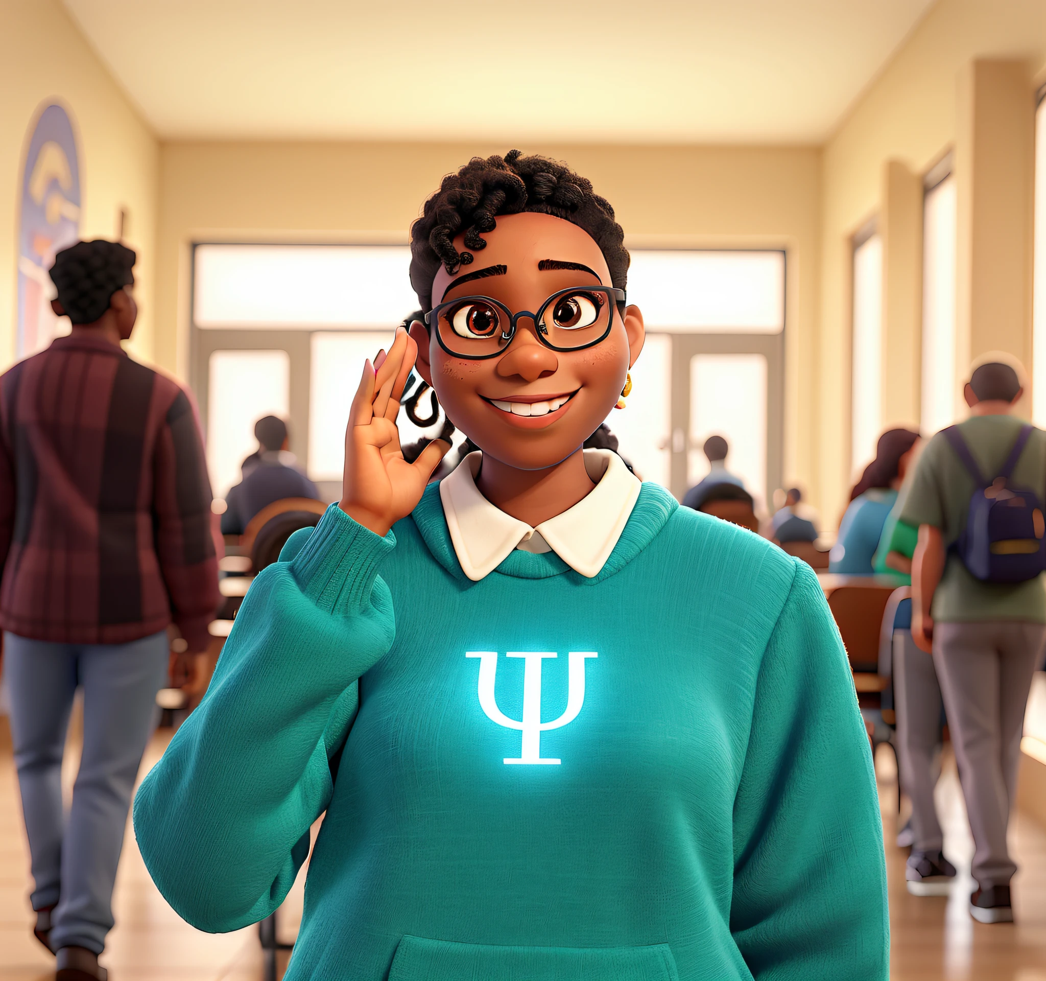 A young afro woman with glasses, Psychology student, Smiling waving my hand, standing still, iluminada pela luz do teto, com pano de fundo de universidade, estilo Disney Pixar, alta qualidade, melhor qualidade.