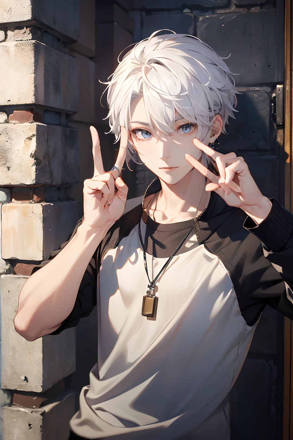 (absurdres, highres, ultra detailed, HDR), masterpiece, best quality, a boy, solo, handsome, short hair, white hair, finely eye and detailed face, casual clothes, real shadow, lift hand in peace sign, joyful, ear piecing,