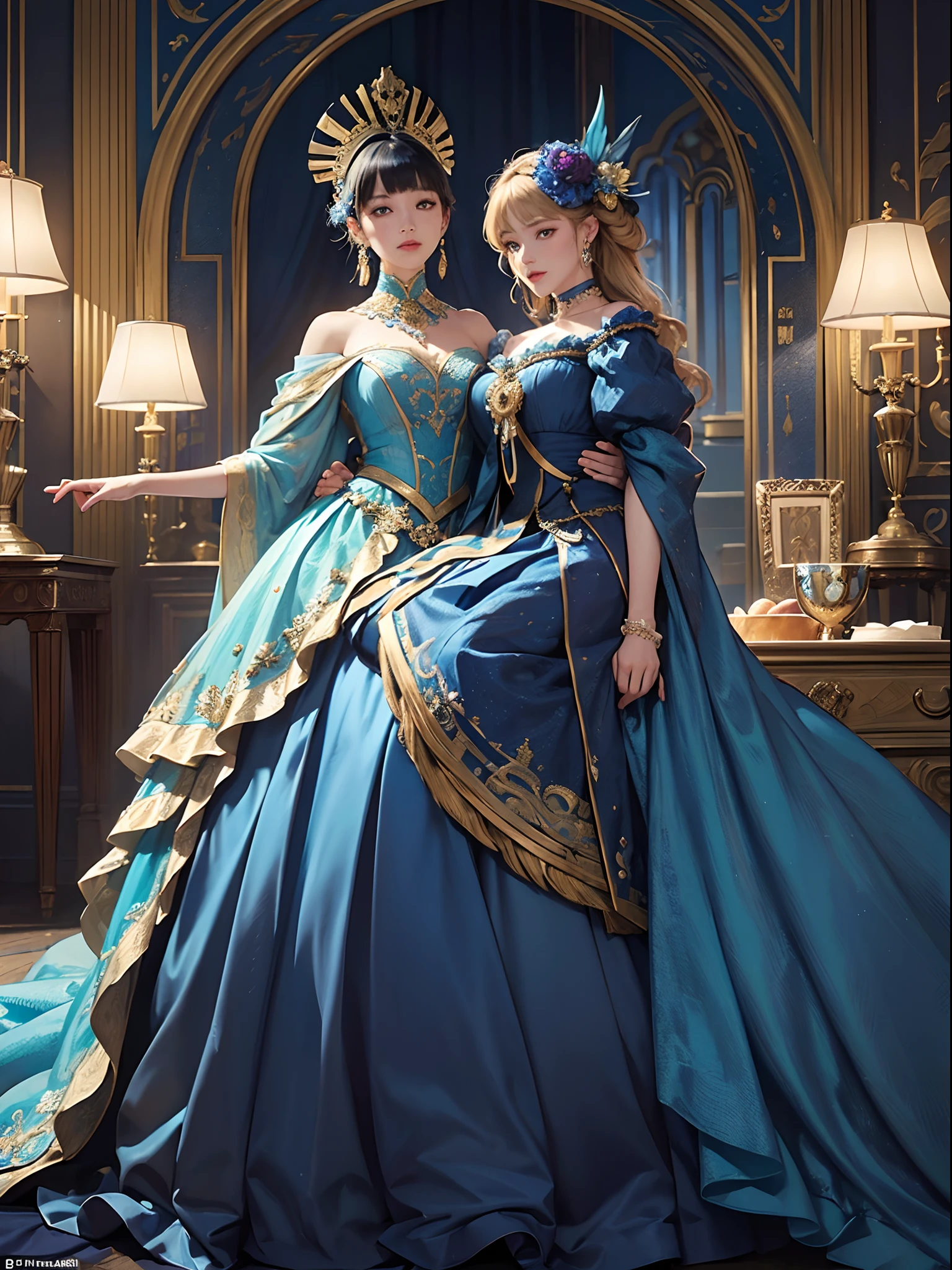 Blue and gold、Vibrant colors、((masterpiece)))、(((top-quality)))、((ultra-detailliert))、(A hyper-realistic)、(highly detailed CGillustration)、Official art、Florence at the beginning of the 20th century、Decadent、Madame Papillon、Masquerade、Elegance、Masks that cover most of the face、Colorful and detailed mask design、matchless beauty、Fans、gorgeous dress、jewely、Perfect Angle、perfect-composition、looking left、full body Esbian