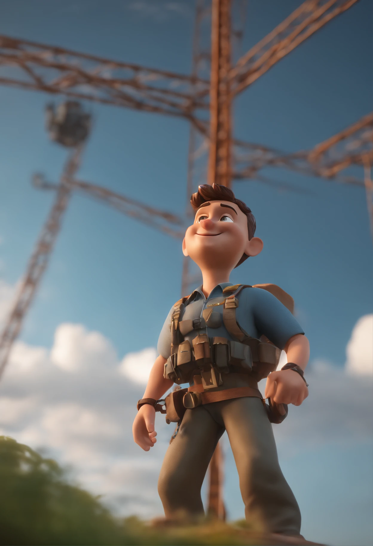 Cartoon character of a man wearing a paratrooper belt and climbing on a power transmission tower with a beautiful landscape, animation character, Caractere estilizado, animation style rendering, 3D estilizado, Arnold Maya render, 3 d render stylized, toon render keyshot, Personagem 3D, Personagem 3D, 3d rendering stylized, 3 d character render, personagem de desenho animado, Personagem de close up, Pose de personagem,  (Estilo Pixar) (master part:1.2) (Bokeh) (best quality) (pele detalhada) (textura detalhada) (8k) (argila) (Cinematic lighting) (foco nítido