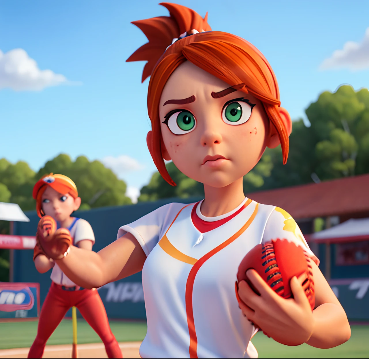 Masterpiece, (watercolor:1.3), (short stack:1.1), forward facing, eyes on camera, serious expression, (action shot:1.4) , (upper body strength:1.3), contrapposto (tattoo:1), softball pitcher, auburn hair, green eyes, (string bikini:1), pitching a softball at viewer, (focus on softball in foreground:1.4), sunny, natural lighting, High definition, excellent resolution, excellent quality, insane detail, semi realistic, postprocessed, crisp face, facial features, extremely detailed, facial features