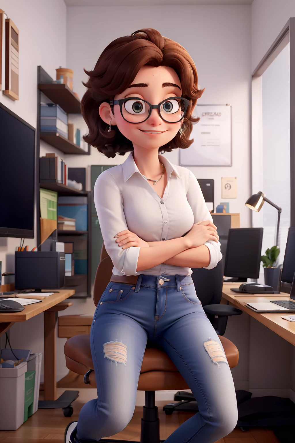 Obra-prima, de melhor qualidade, uma menina de cabelo longo castanho escuro, oculos prata delicado, vestindo uma camisa branca, calca jeans e tenis branco, Sitting in a white office chair in a gamer room, setup branco estudando front-end no pc com uma tela vertical e outra horizontal, carinha de nerd bonita
