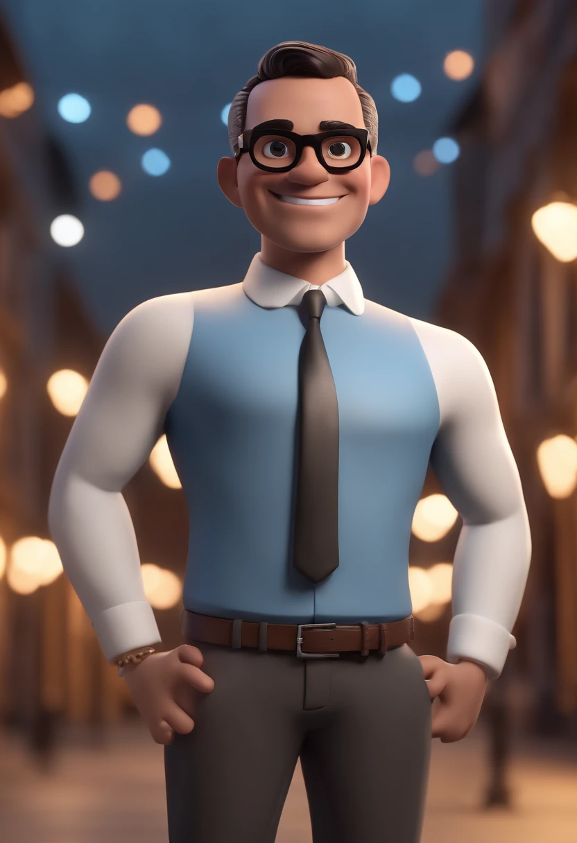 Cartoon character of a man with black glasses and a blue shirt, animation character, Caractere estilizado, animation style rendering, 3D estilizado, Arnold Maya render, 3 d render stylized, toon render keyshot, Personagem 3D, Personagem 3D, 3d rendering stylized, 3 d character render, personagem de desenho animado, Personagem de close up, Pose de personagem, (Estilo Pixar) (master part:1.2) (Bokeh) (best quality) (pele detalhada) (textura detalhada) (8k) (argila) (Cinematic lighting) (foco nítido