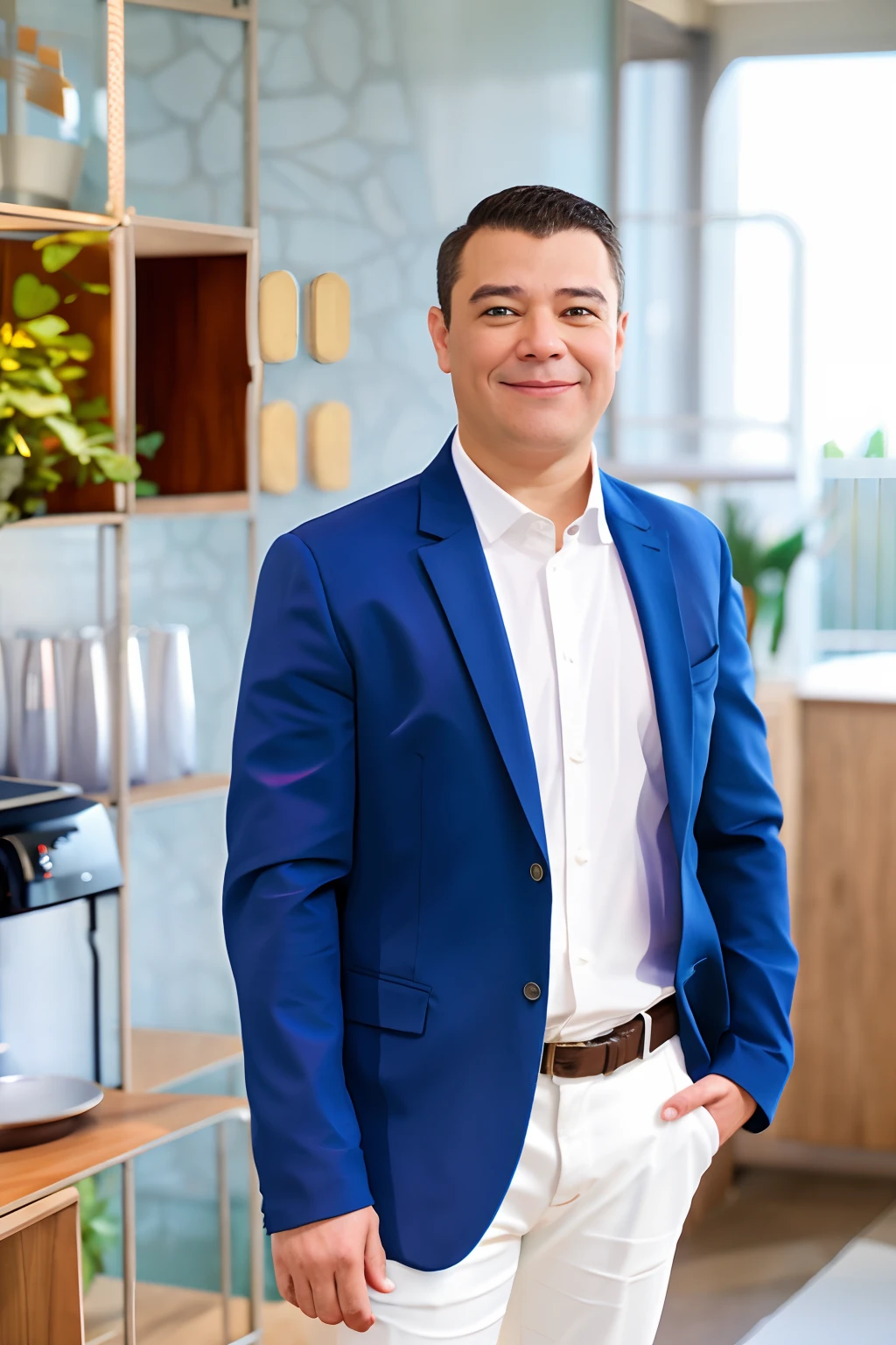 Man in blue jacket and white shirt standing in a kitchen, arte mista, Johnatan Wayshak, Retrato no meio da foto, Raphael Personnaz, CEO, david rios ferreira, Alex Miranda, Mohamed Chahin, icaro carvalho, outdoors business portrait, foto corporativa, imagem retrato, imagem de perfil, imagem retrato, imagem do avatar