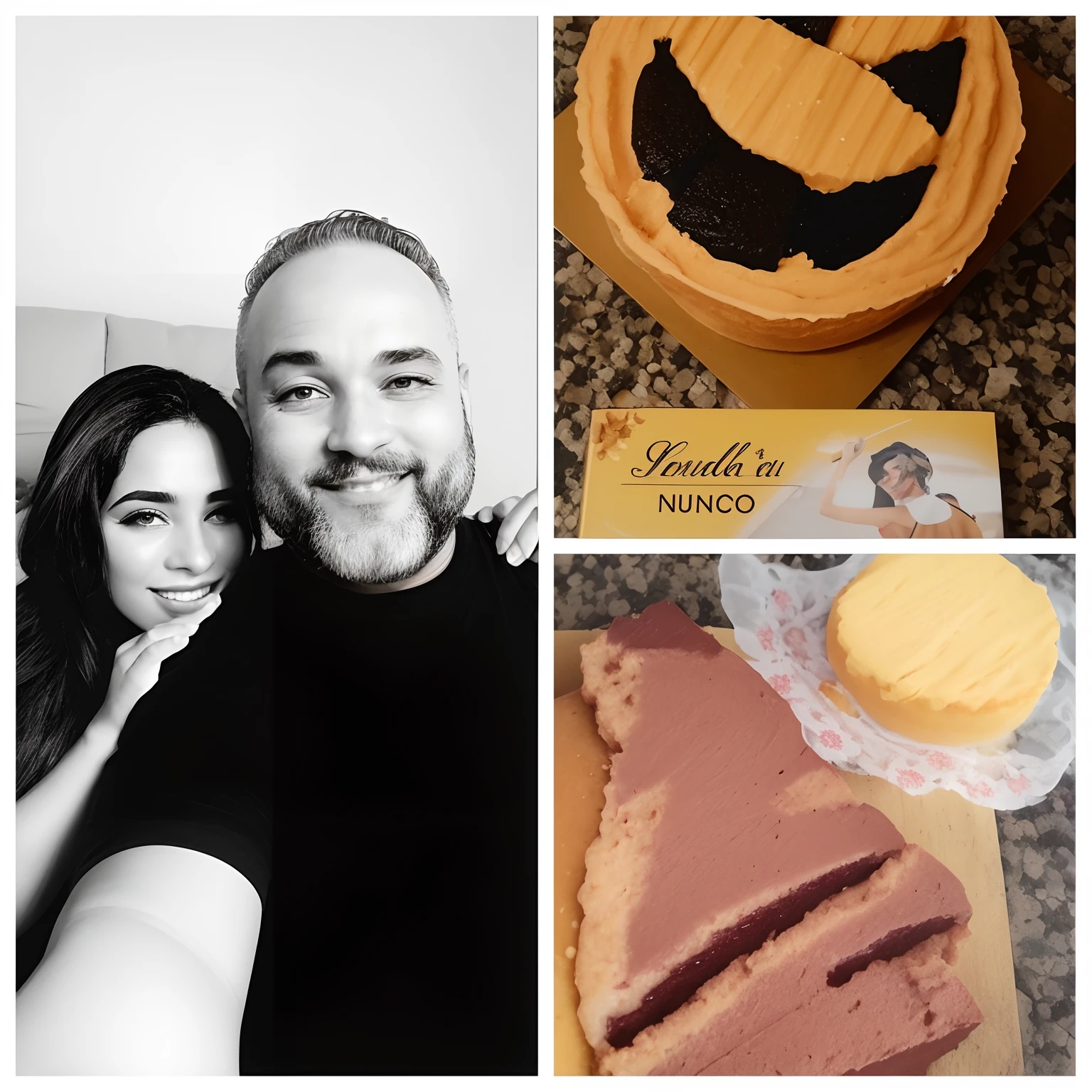Foto de um homem e uma mulher posando para uma foto com um bolo, Feliz!!!, dia das bruxas, grandioso!, muito feliz!, inspired by François Bocion, 💋 💄 👠 👗, inspirado em Vito D'Ancona, 🌻🎹🎼, foto do snapchat, 😭🤮 💔, inspired by Nuno Gonçalves