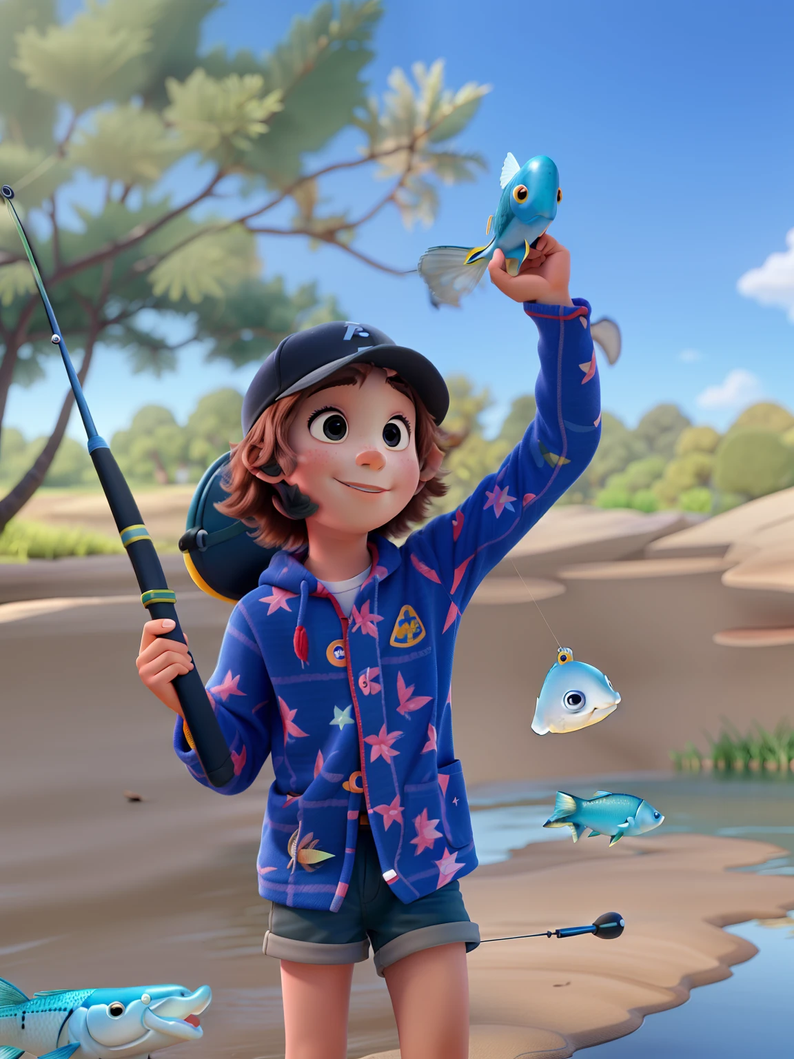 foto pixar , A child on a fishing trip, segurandum peixe que foi pescado em um lago artificial