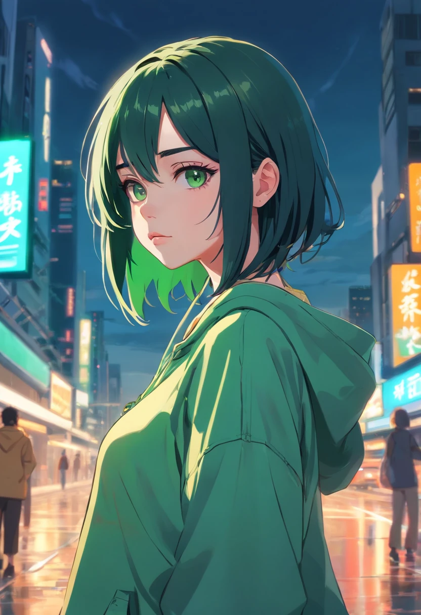 Beautiful girl looks like Billie Eilish, sexy Figur, sexy Pose, Hot clothes, green and black hair, beauty face
