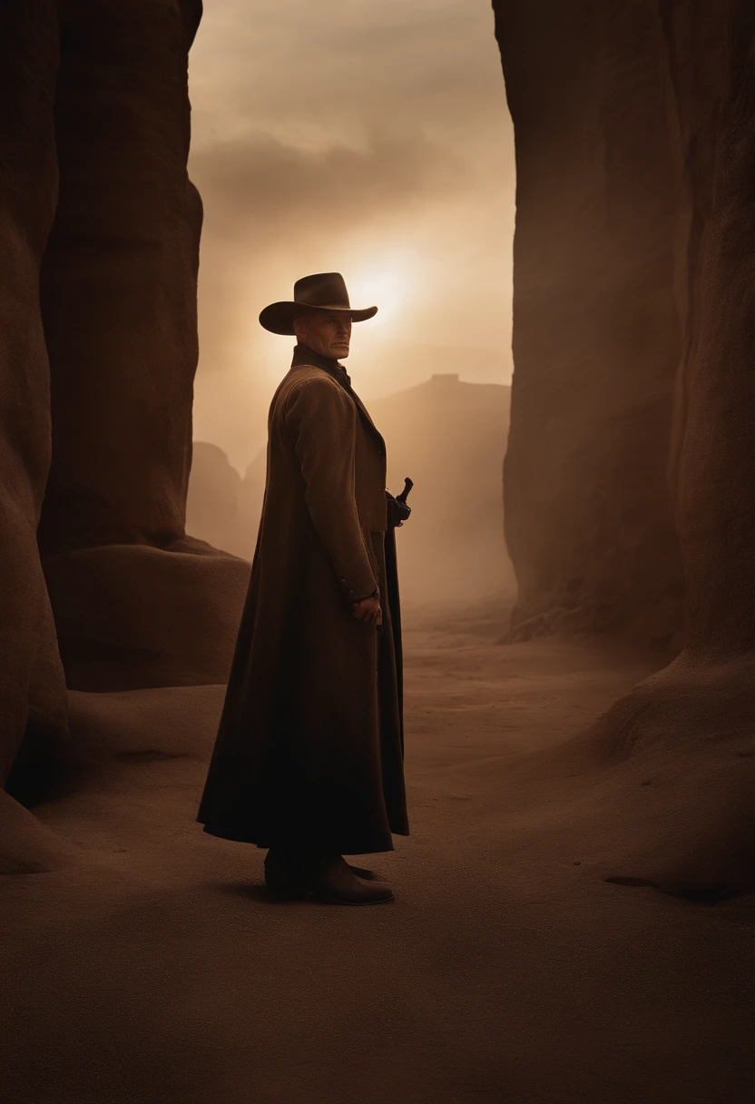 UMA IMAGEM DETALHADA DE Yul Brynner, vestido de cowboy, Tudo em Preto, Western genre, Cinematography, 8k, Dynamic dark action, pale and faded style, filmado em planta, lente quebrada, Nostalgic dream. Foco suave, vinhetas escuras, Vazamentos de luz, medium shot photograph, ethereal painting of dark art, Whimsical, coarse-grained photography