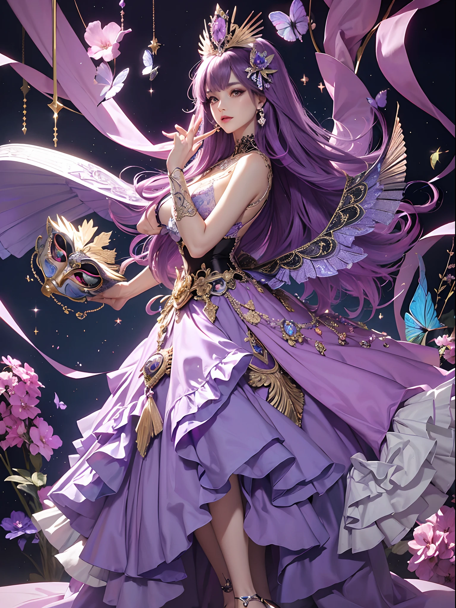 Butterfly motif、Magenta and silver tones、Vibrant colors、((​masterpiece)))、(((top-quality)))、((ultra-detailliert))、(A hyper-realistic)、(highly detailed CGillustration）、From the right side、Official art、Paris at the beginning of the 20th century、The Eiffel Tower、Decadent、Madame Papillon、Cool Beauty、Masquerade、refinement、Elegance、Gorgeous、Masks that cover most of the face、Colorful and detailed mask design、matchless beauty、Fans、gorgeous dress、jewely、Perfect Angle、perfect-composition。full body Esbian