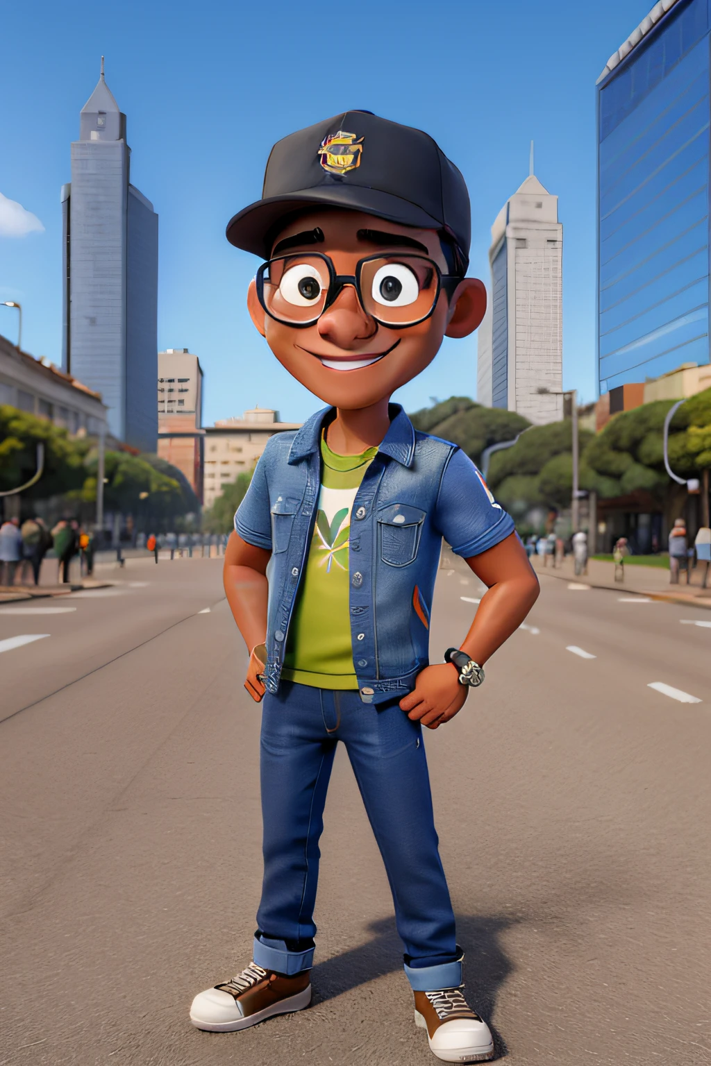 master part, melhor qualidade, um jovem, sorrindo, Wearing discreet glasses, pele parda, wearing cap, vestindo uma jaqueta e jeans preto, ao fundo o central parque de nova Iorque
