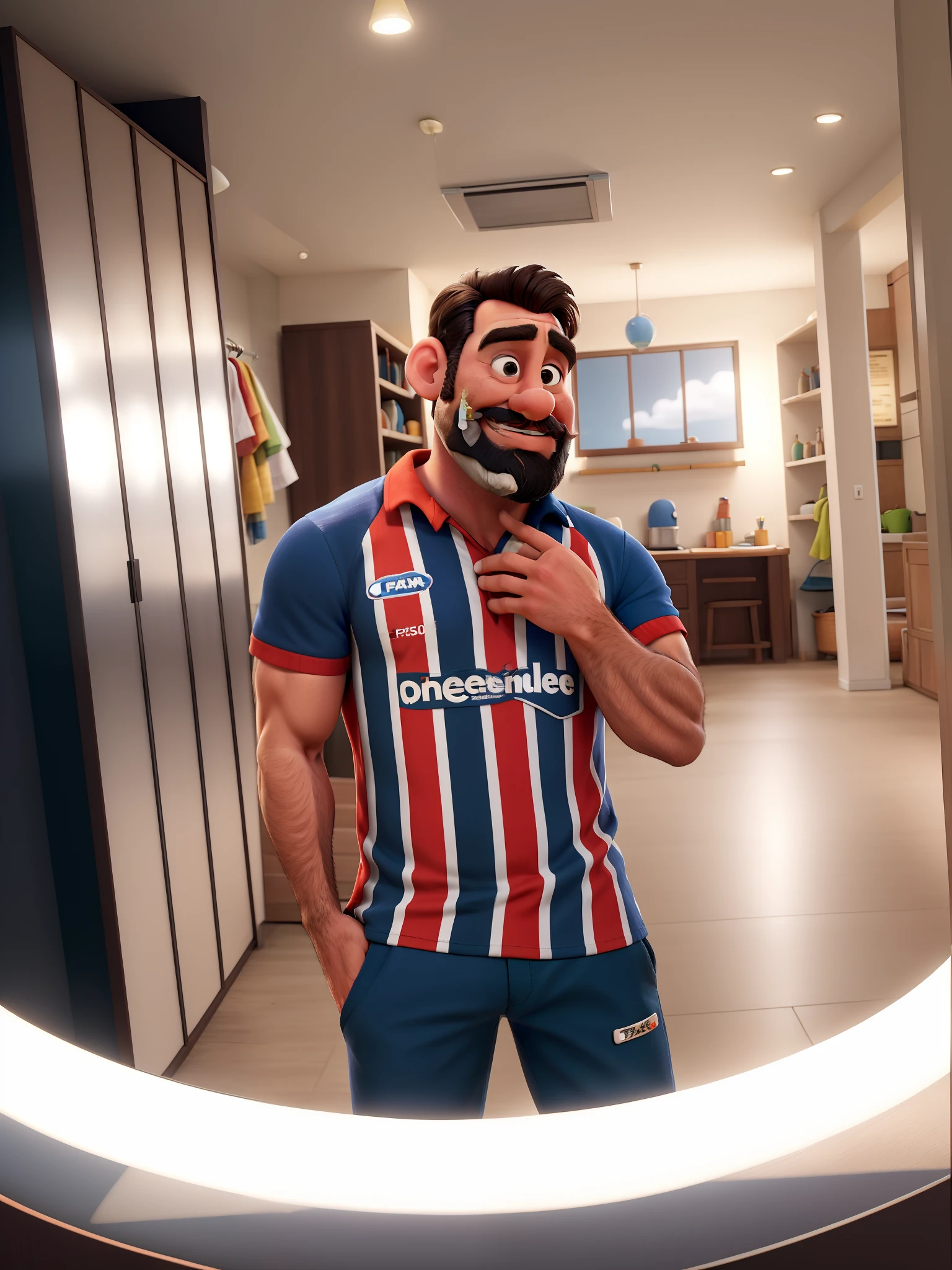 Homem 35 anos pele branca cabelo castanho barba fina e bigode, shirt of sao paulo, estilo pixar alta qualidade