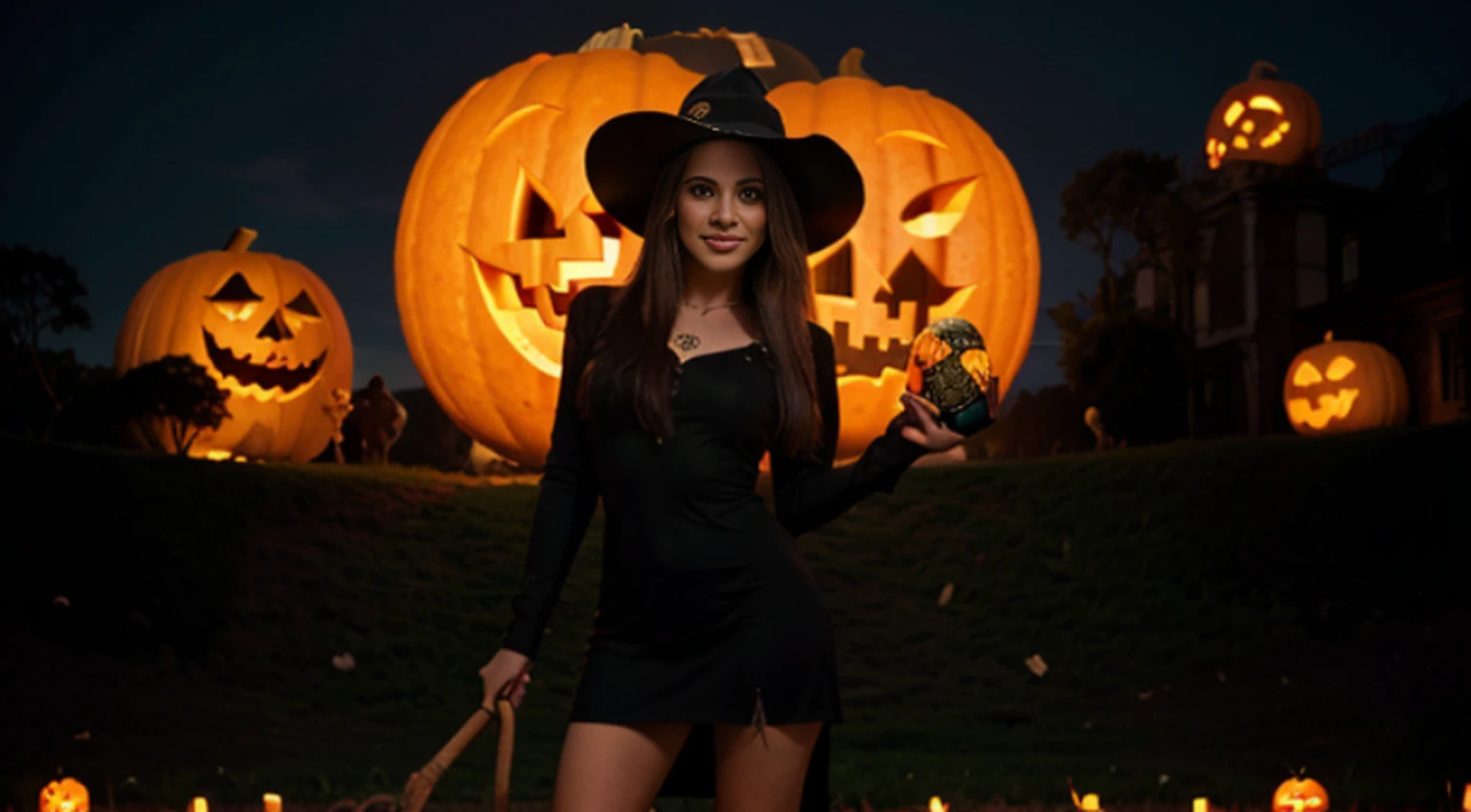 1girl, sozinho. dia das bruxas, bruxa, witch hat, cabelos longos, cabelos pretos,, vestido preto, seios grandes, clivagem, olhos vermelhos, salto alto preto, sorriso, Esqueleto, skull, pumpkin lanterns, Castelo de pedra velho, Owl on tree, lua sorridente, Fantasmas, graveyard, Ceepy, Pumpkin jack-o'-lanterns on spikes, Witch's broom in hand, Standing