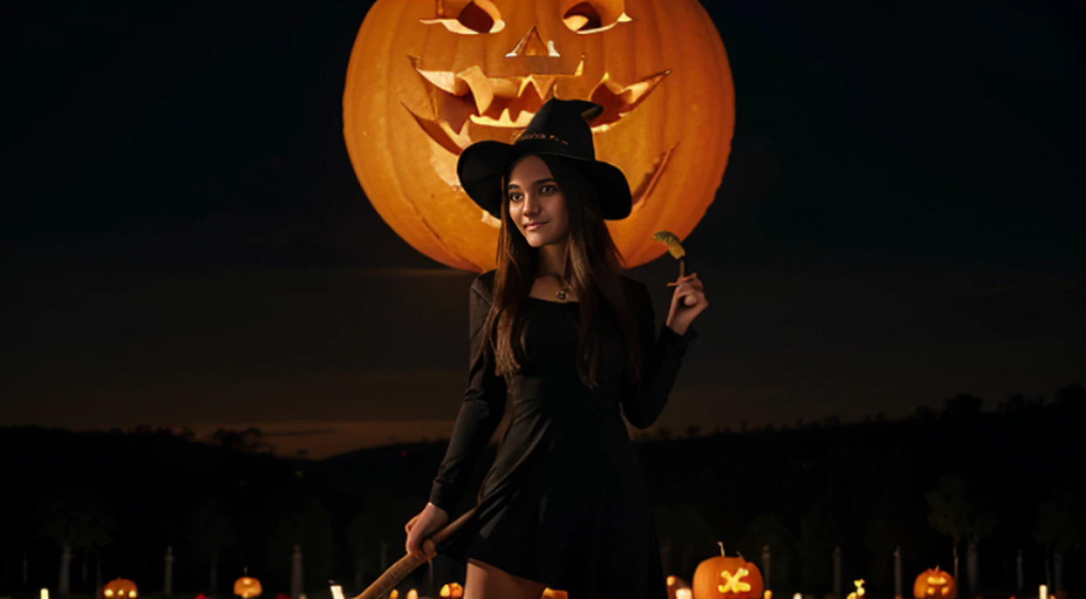 1girl, sozinho. dia das bruxas, bruxa, witch hat, cabelos longos, cabelos pretos,, vestido preto, seios grandes, clivagem, olhos vermelhos, salto alto preto, sorriso, Esqueleto, skull, pumpkin lanterns, Castelo de pedra velho, Owl on tree, lua sorridente, Fantasmas, graveyard, Ceepy, Pumpkin jack-o'-lanterns on spikes, Witch's broom in hand, Standing