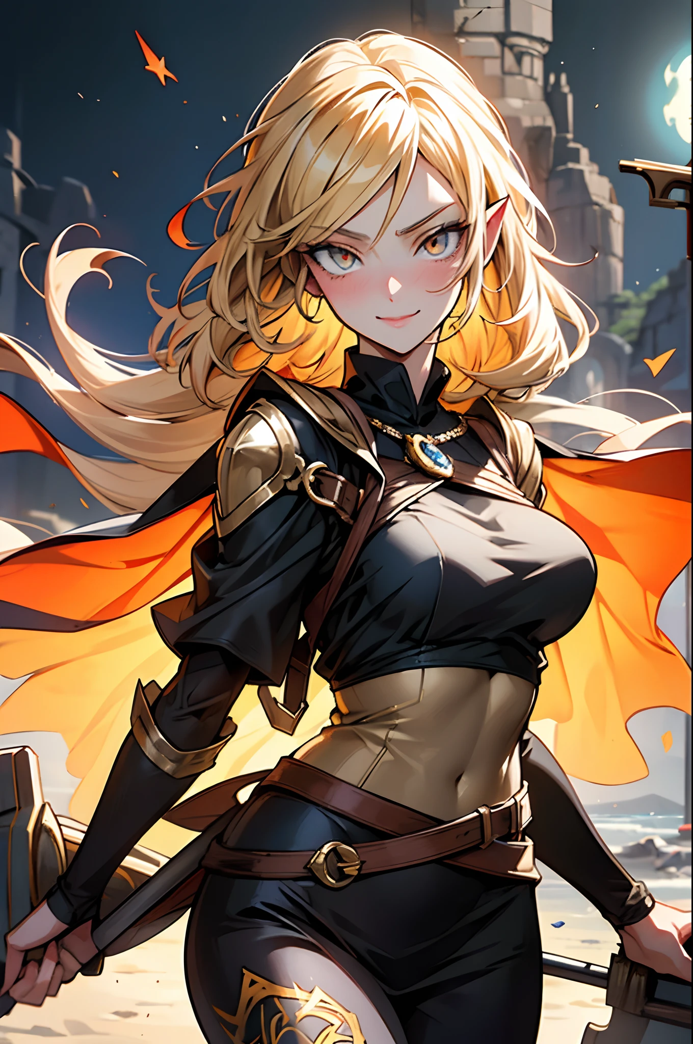 Very detailed illustration of a valkyrie, elf woman, long dark-blonde hair, smirk, orange eyes, blushed, zoomed, detailed colorful port environment, whimsical, tetradic colors, cartoon, darkest dungeon merged with league of legends, MSchiffer, fairytale, fantasy, cartoonish vector, anime, manga, vibrant, soft pastel colors, (cel-shaded) flat coloring