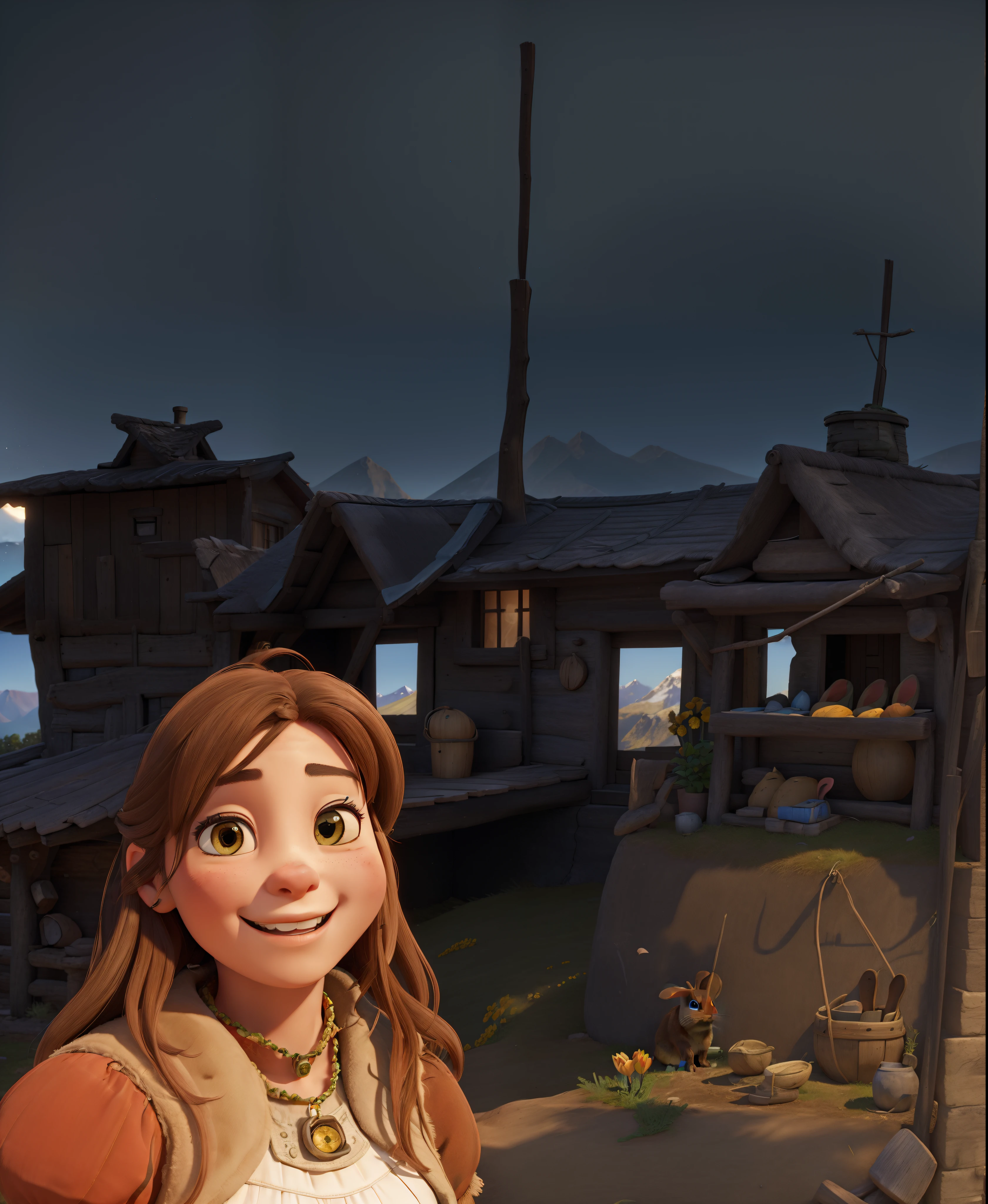 (Cute rabbit:1.2), One horse、ssmile, personification, rendered:(charicature:1.3,Production Movie, the pose:(Lively:1.2, amusing), modeled:(ultra-quality:1.2,8K,Orthographic view), tulips、blue-sky, for the background(Mountain huts and steppes:1.1),{Complex and ultra-detailed, Giuseppe Arcimboldo}
