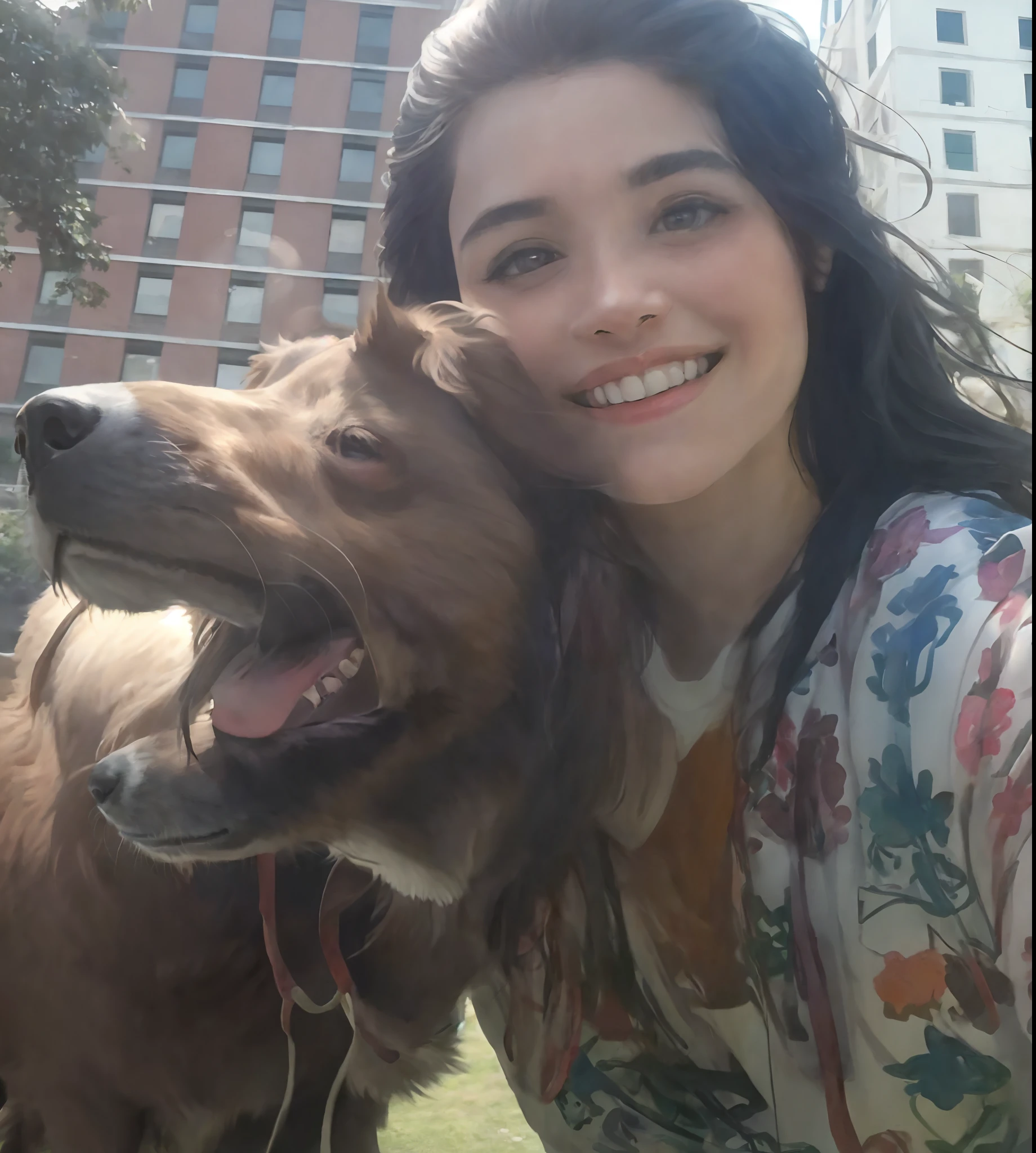 Smiling woman with long hair and a dog in a park, selfie of a dog, foto de perfil, with dogs, foto do perfil, by Amelia Peláez, comissionado, Directed by: Sam Dillemans, Belas vistas, Very detailed!, Directed by: Emma Andijewska, belos arredores, foto de baixa qualidade, foto do snapchat, foto selfie, pet animal, imagem de perfil, circunstanciado!