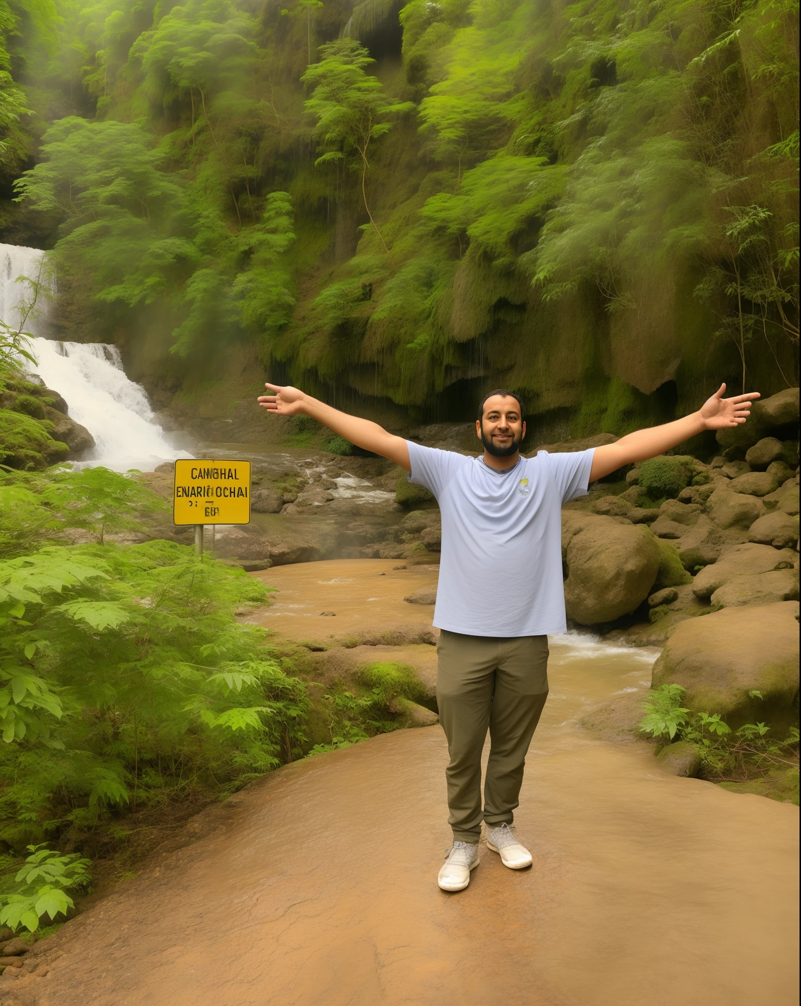 Arafed man standing on a path with arms outstretched in front of a waterfall, em frente a uma cachoeira, ao lado de uma cachoeira, cachoeiras ao fundo, Sentindo a Natureza, with trees and waterfalls, com uma cachoeira, standing near a waterfall, River in front of you, com cachoeiras, in front of an amazing forest, cachoeira ao fundo