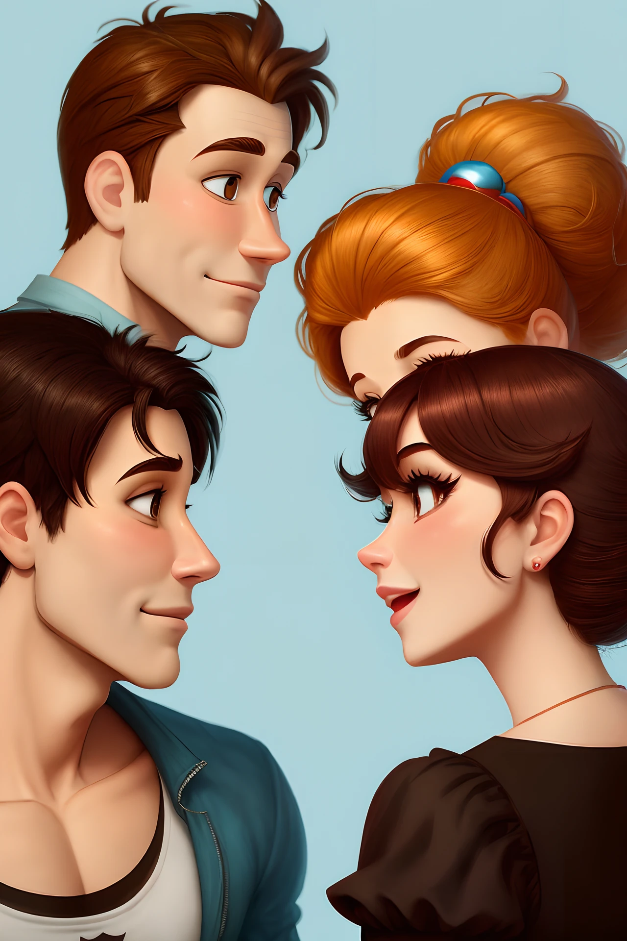 Casal feliz estilo Disney Pixar.  Cabelo mulher curto castanho. Cabelo homem preto