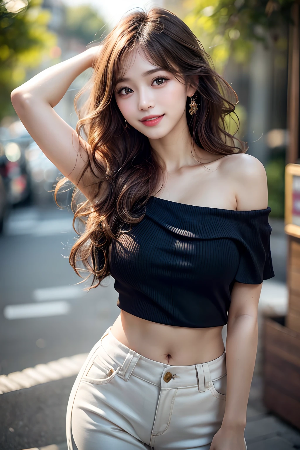 1girl, (looking at viewer), (bokeh:1.1), closed mouth,light smile, realistic, arm up, off shoulder,pants,wavy hair,glossy lips,
best quality, (photorealistic:1.4), ultra highres,