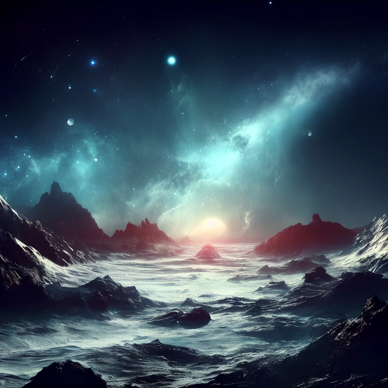 a view of a planet with a bright light shining over the ocean, space landscape, stunning alien landscape, beautiful alien landscape, galactic landscape, sci-fi fantasy wallpaper, cosmic landscape, background artwork, amazing alien landscape, an alien landscape view, alien breathtaking landscape, epic beautiful space scifi, sci-fi fantasy desktop wallpaper, amazing wallpaper, alien landscape, cinematic space scenery