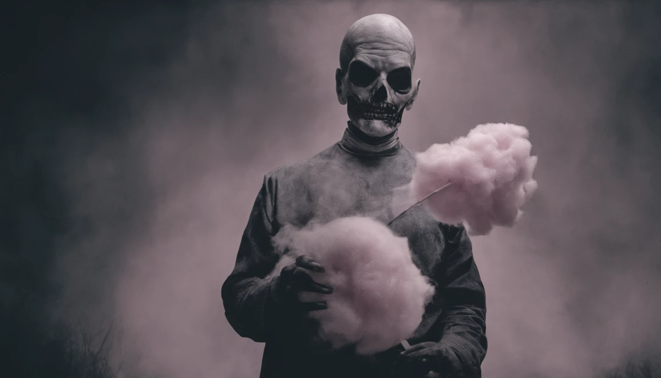 imagem sinistra de um homem alto de terno, aspecto sombrio, holding a cotton candy, sorriso maligno, fotografia de filme de terror