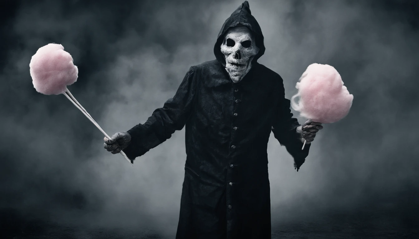 imagem sinistra de um homem alto de terno, aspecto sombrio, holding a cotton candy, sorriso maligno, fotografia de filme de terror