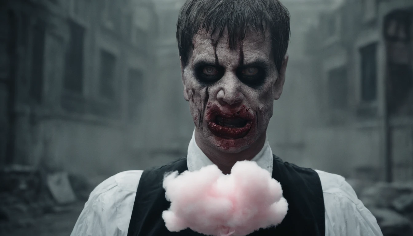 imagem sinistra de um homem alto de terno, aspecto sombrio, holding a cotton candy, sorriso maligno, fotografia de filme de terror