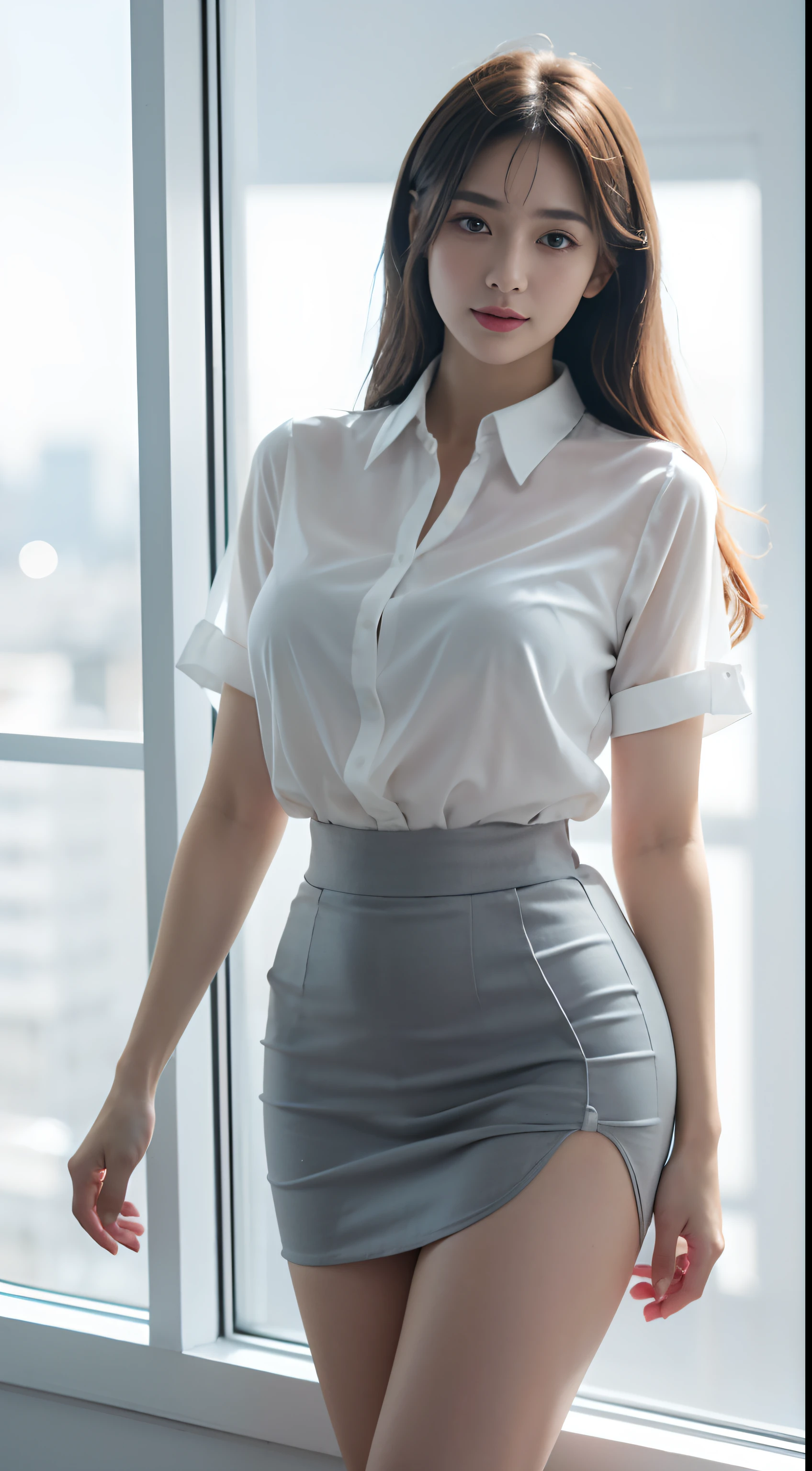 Masterpiece, Best quality, (Realistic, photo-realistic:1.37), 8K, An extremely delicate and beautiful, Amazing, finedetail, offcial art, absurderes, unbelievable Ridiculous, hugefilesize, Ultra-detailed, Extremely detailed,(Realistic skin), Beautiful and delicate girl, 1girll, (perfect women figure),full body pov, mediuml breasts,Wear a white business semi-sheer shirt,grey skirt,The thighs are tied with straps,Stand by the office window,Peach buttocks,tiese,ssmile,standing beside window,Exposing thighs
