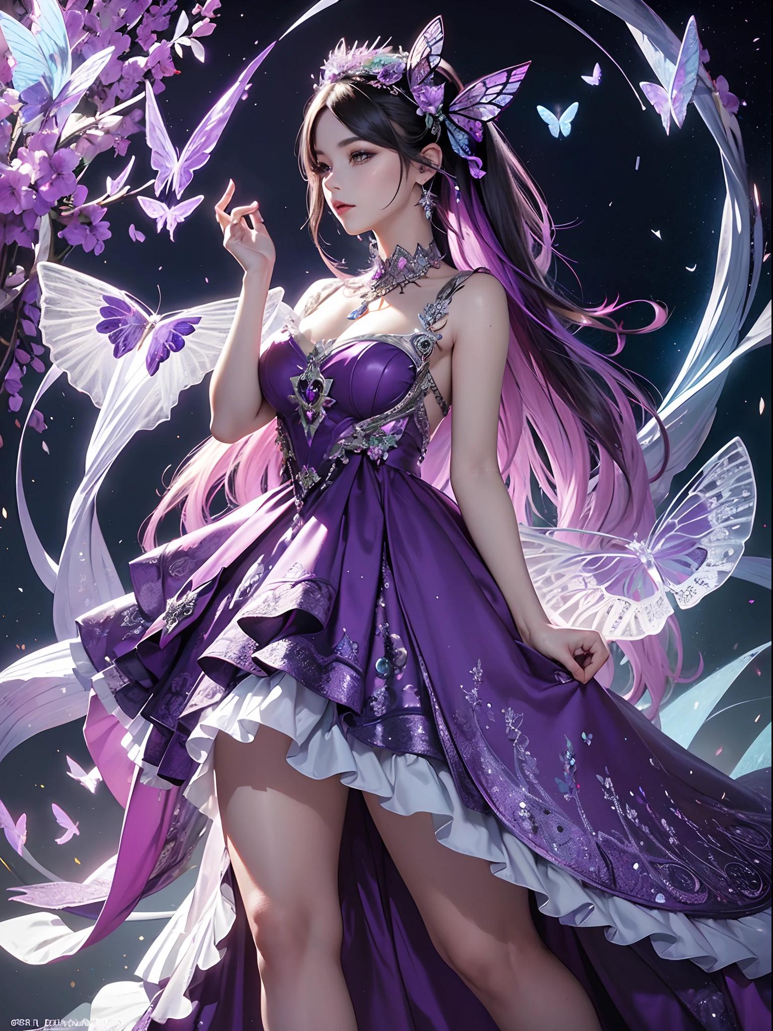 Purple and silver tones、Vibrant colors、((​masterpiece)))、(((top-quality)))、((ultra-detailliert))、(A hyper-realistic)、(highly detailed CGillustration）、Official art、Rome at the beginning of the 20th century、Decadent、Frighteningly beautiful butterfly female phantom、Masquerade、Elegance、Masks that cover most of the face、Colorful and detailed mask design、matchless beauty、Fans、gorgeous dress、jewely、Perfect Angle、perfect-composition、looking left、full body Esbian