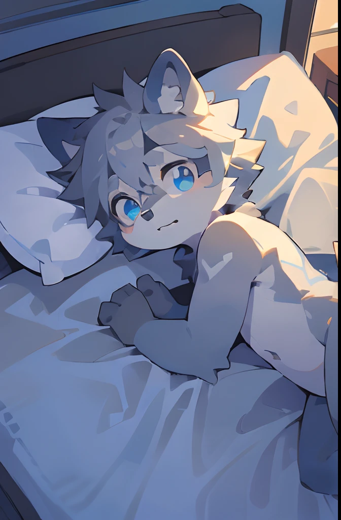 ((Solo)), charming scene of a (Furry furry) (o cachorrinho_Boy:1.5),，Just woke up in bed！！Just woke up in bed！！Just woke up in bed！！Q version！！Q version characters！！eyes with brightness，Gray hair，blue color eyes，Cute drawing style，high saturated！！Furry male wolf, Male orange peel, blue color eyes, Gray hair(The long），Lie down in bed，Pillow pattern，Full body photo